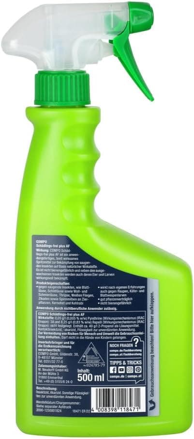 COMPO Schädlings-frei plus AF - Spray gegen Blattläuse, Schildläuse, Wollläuse, Buchsbaumzünsler &amp; Co. - für Zierpflanzen und Kernobst - 500 ml - anwendungsfertiges Insektizid
