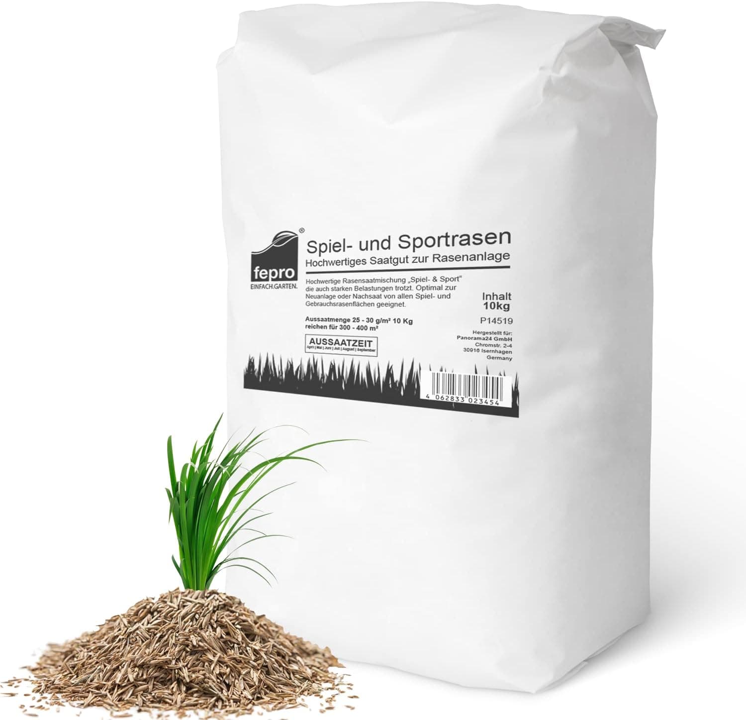 10kg Rasensamen Sport und Spiel schnellkeimend 400m², robust, tiefgrün, ideal für Neuansaat und Nachsaat, Rasensaat Grassamen Frühjahr