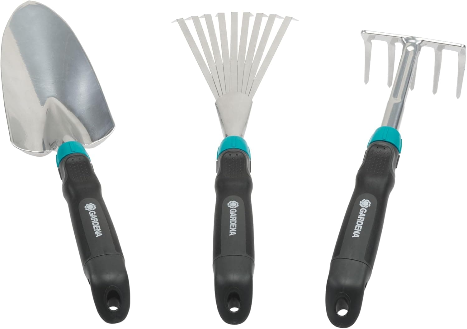 Gardena Comfort Kleingeräte-Set: ideales Set für Blumenbeet und Balkon bestehend aus Blumenkelle, Kleinbesen und Blumenrechen (8964-60)