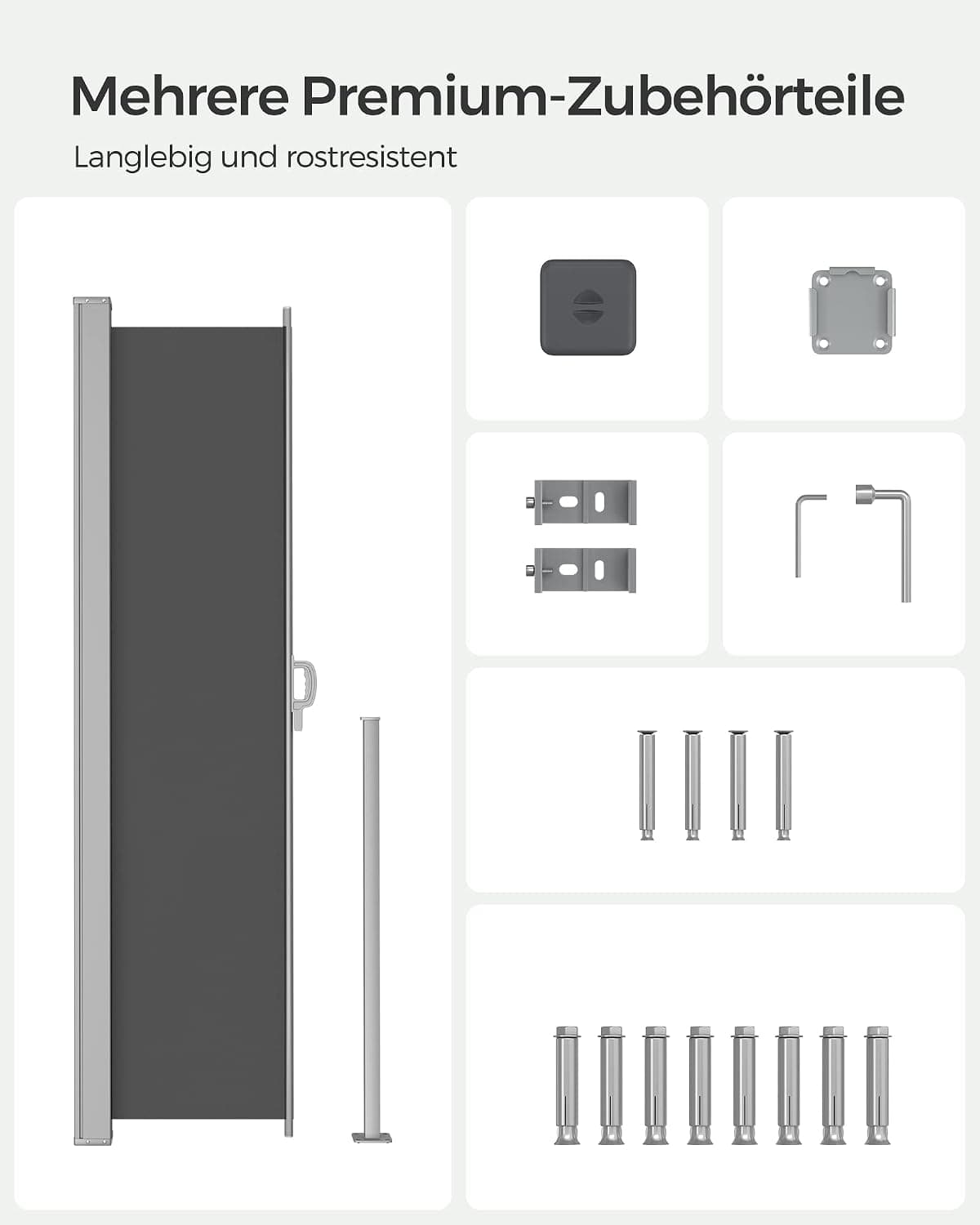 SONGMICS Seitenmarkise mit Stahl-Kasten, rostbeständig, ausziehbar, 180 x 350 cm, Windschutz, Sonnenschutz, blickdicht, Seitenrollo, für Balkon, Terrasse, Garten, anthrazit GSA185G02