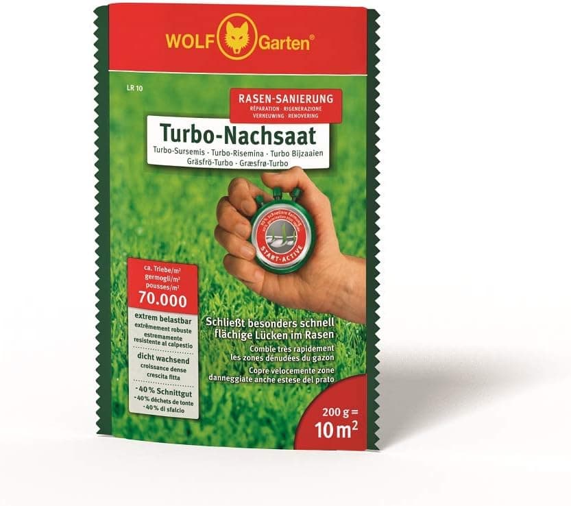 WOLF-Garten Turbo-Nachsaat zur Rasensanierung LR25 (für 25 m², hohe Dichte mit ca. 70.000 Trieben/m², für alle Rasentypen geeignet, mit WOLF-Garten Keimgarantie, 500g in Faltschachtel) 3826020