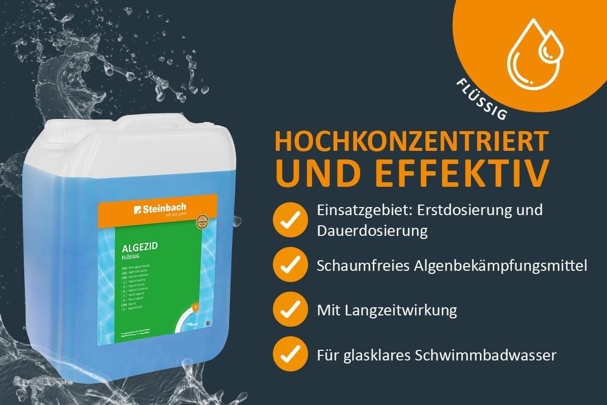 Steinbach Poolpflege Algezid flüssig - 0753505TV00-5 l - Schaumfrei &amp; hochkonzentriert - Verhindert Algenwachstum &amp; entfernt Trübstoffe - Für klares Wasser mit Langzeitwirkung