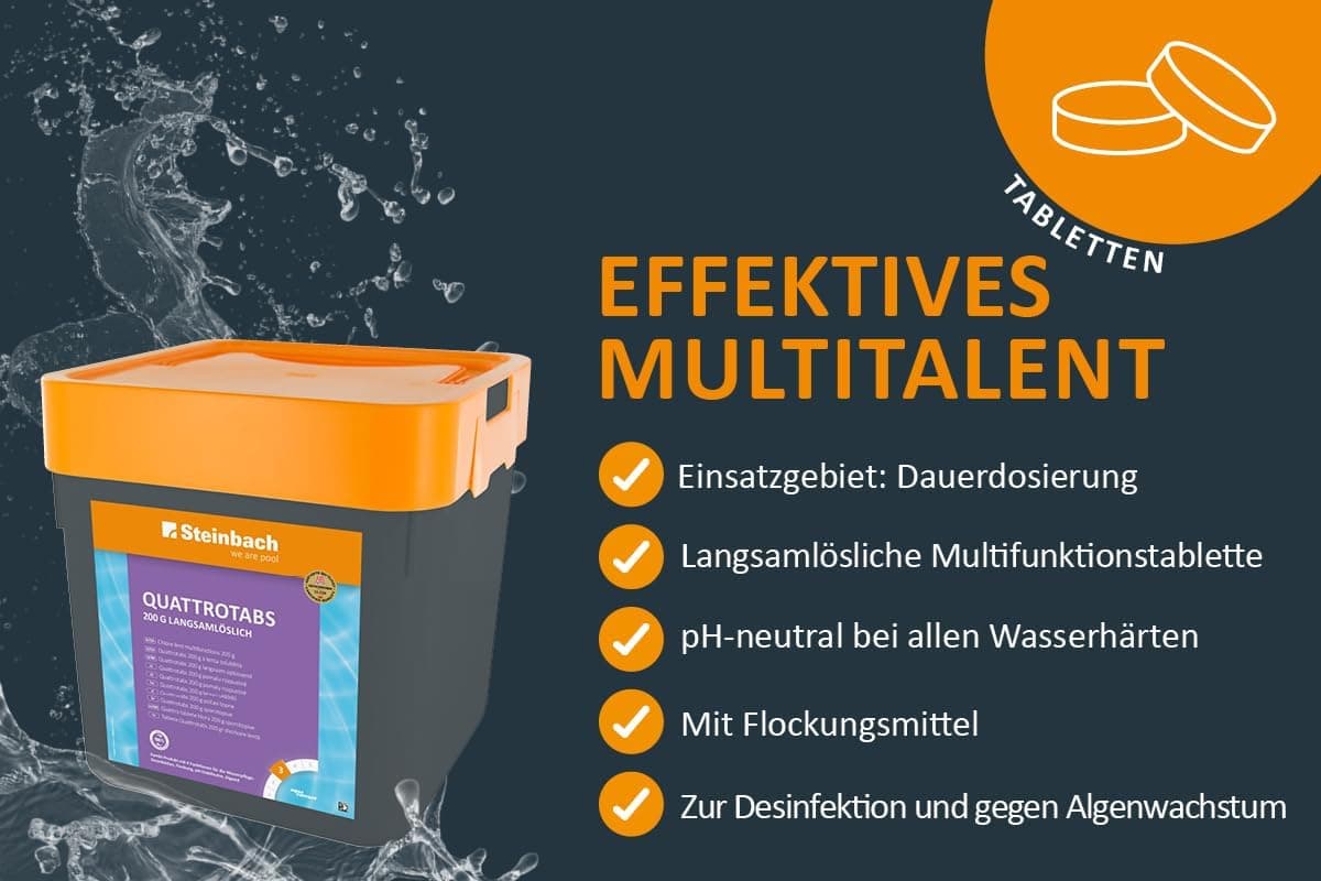 Steinbach Poolpflege Quattrotabs 200 g langsamlöslich - 0752605TV00-5 kg - 4-in-1 Chlortabletten mit Flockungsmittel - pH-Stabilisator &amp; Algenverhütung - Multifunktionstabletten