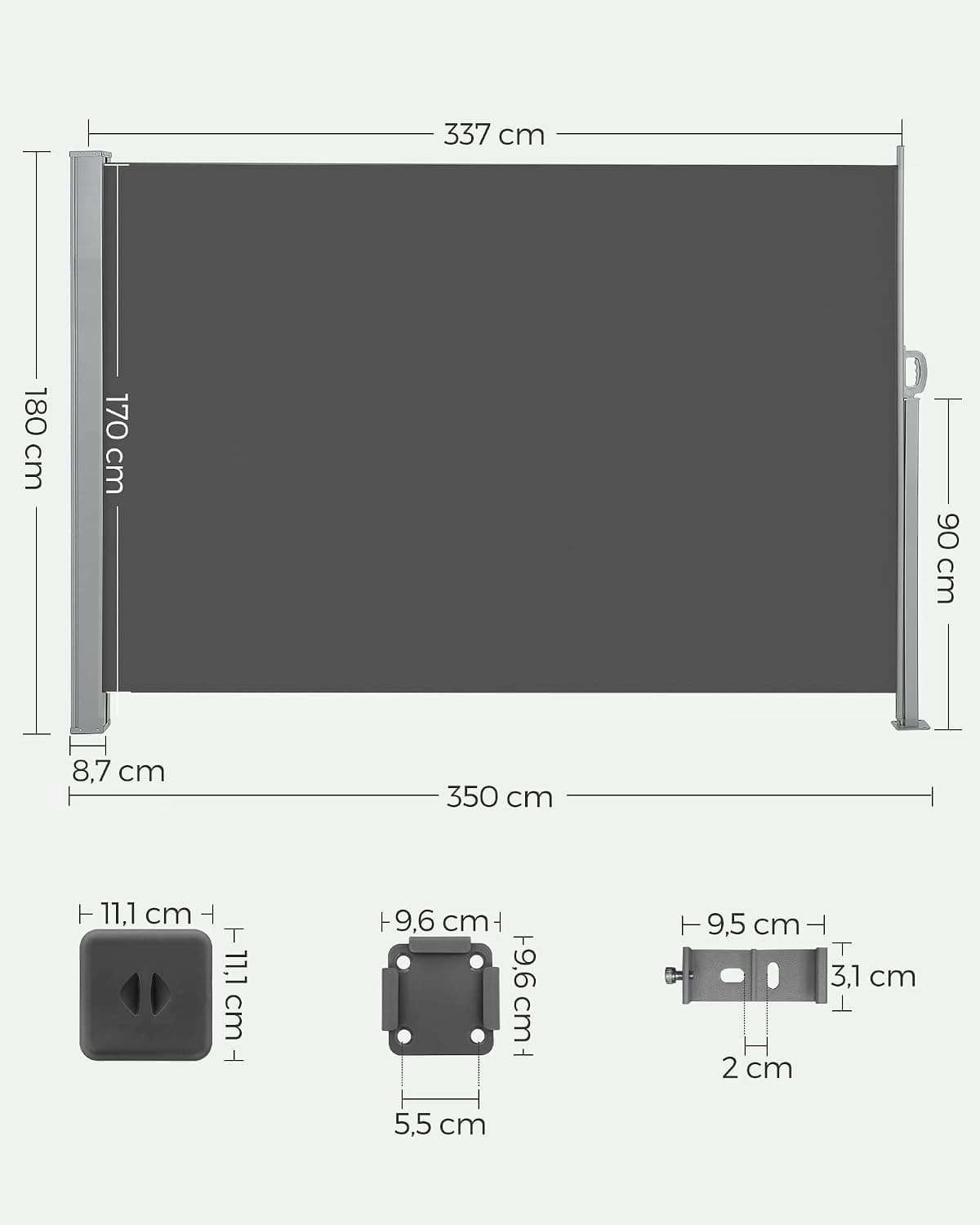 SONGMICS Seitenmarkise mit Stahl-Kasten, rostbeständig, ausziehbar, 180 x 350 cm, Windschutz, Sonnenschutz, blickdicht, Seitenrollo, für Balkon, Terrasse, Garten, anthrazit GSA185G02