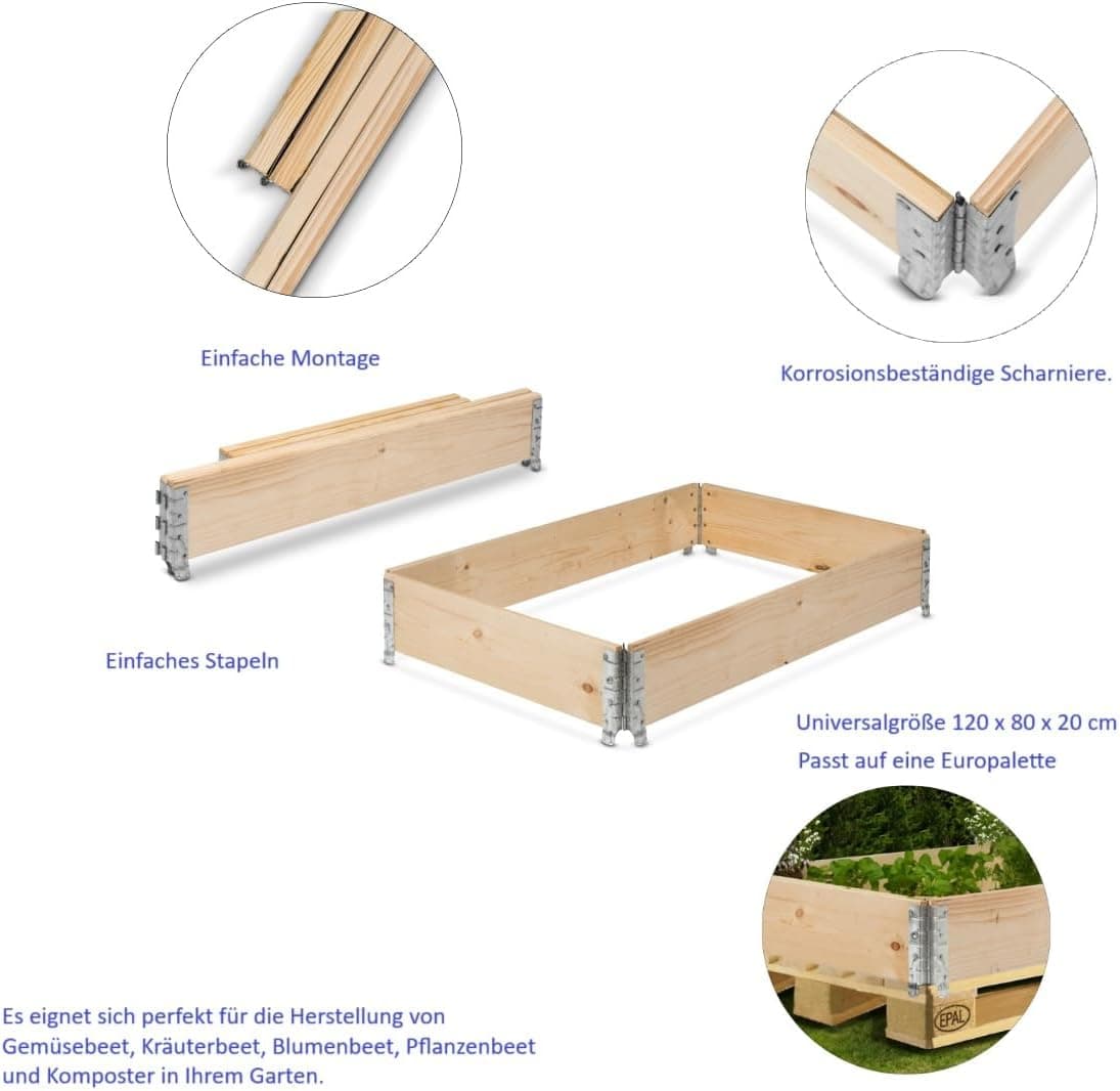 gardivo Hochbeet 120 x 80 x 20 cm - 3-teilig Palettenrahmen aus Holz, Beeteinfassung, Garten Hochbeete, Holzrahmen, Aufsatzrahmen auf Europalettefaltbar, stapelbar, steckbar