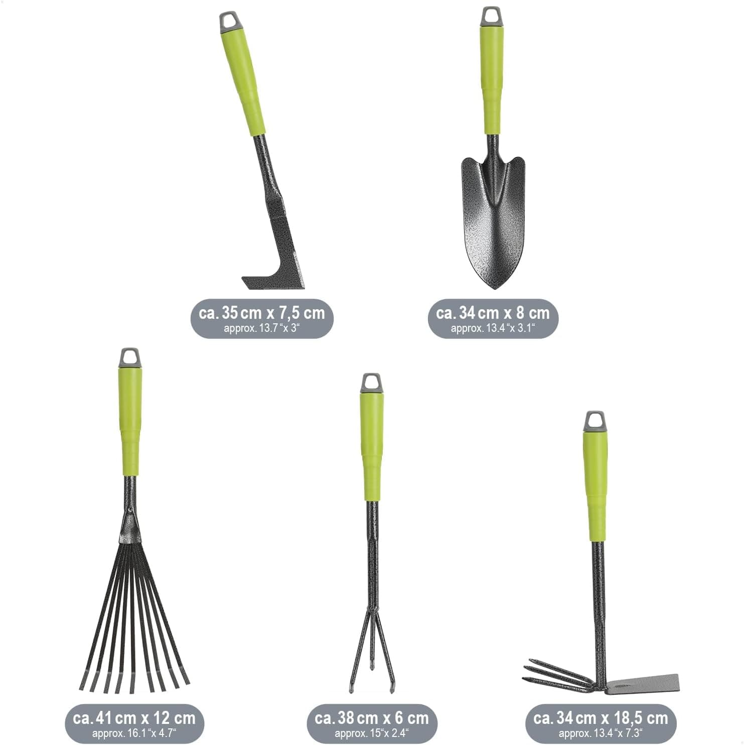 com-four® 5-teiliges Garten-Werkzeug-Set - Gartenset mit Doppelhacke, Kleingrubber, Fugenkratzer, Handrechen, Blumenkelle - Gartenwerkzeug für Pflanzen und Gartenarbeit