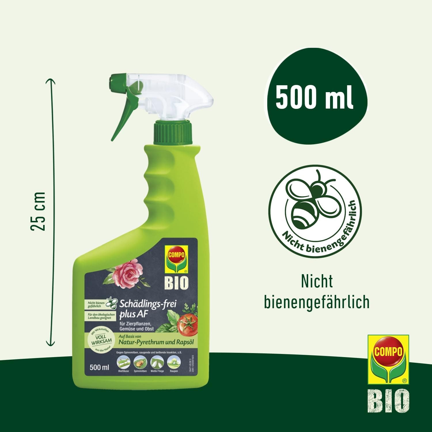 COMPO Schädlings-frei plus AF - Spray gegen Blattläuse, Schildläuse, Wollläuse, Buchsbaumzünsler &amp; Co. - für Zierpflanzen und Kernobst - 500 ml - anwendungsfertiges Insektizid