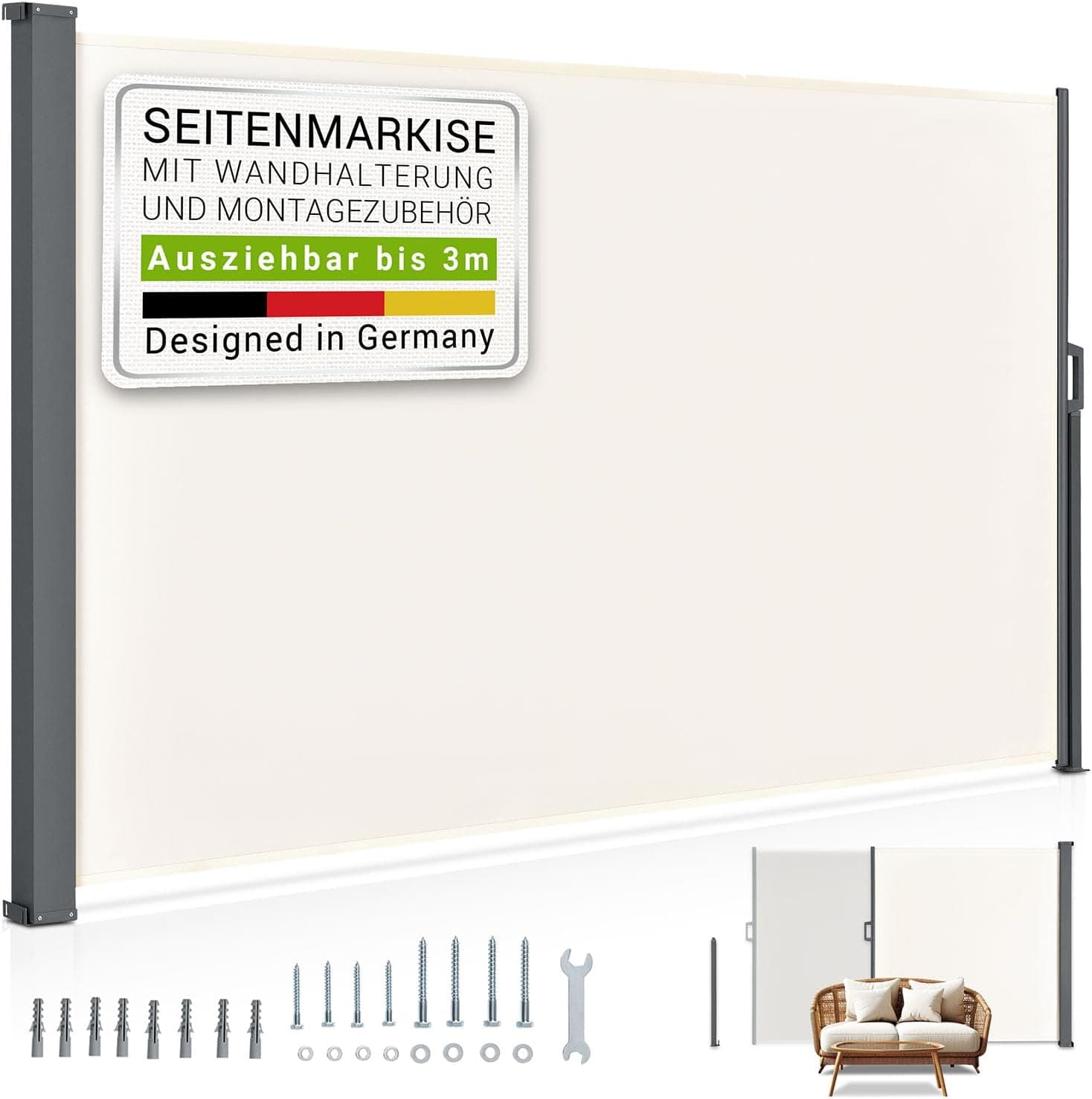 Juskys® Seitenmarkise Dubai 180 x 300 cm ausziehbar Blickdicht, Sichtschutz für Balkon &amp; Terrasse, Seitenrollo mit Wandhalterung - grau
