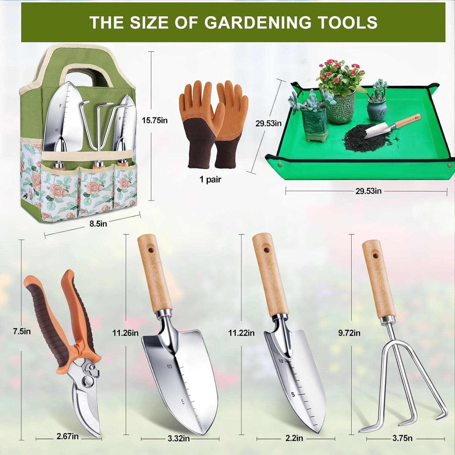 Kynup Gartenwerkzeug Set, 7-teiliges Gartenset aus Edelstahl mit Gartengeräte Tragetasche, Robustes Rostfrei Garten Werkzeug Set, Ideale Garten Geschenk für Frauen, Männer Und Gartenliebhaber