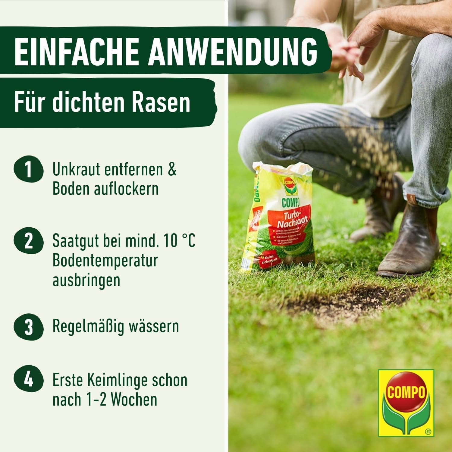 COMPO Turbo Nachsaat, Rasensamen, Schließt besonders schnell und zuverlässig Lücken im Rasen, Mit Keimsicherheit, 1 kg, 50 m²