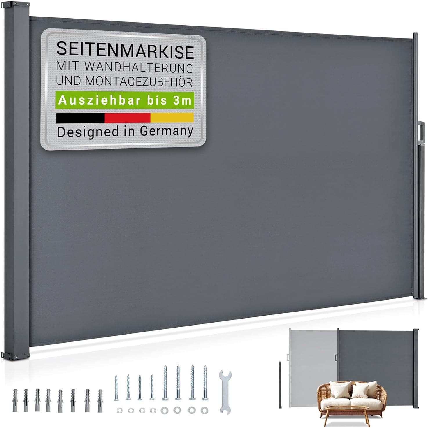 Juskys® Seitenmarkise Dubai 180 x 300 cm ausziehbar Blickdicht, Sichtschutz für Balkon &amp; Terrasse, Seitenrollo mit Wandhalterung - grau