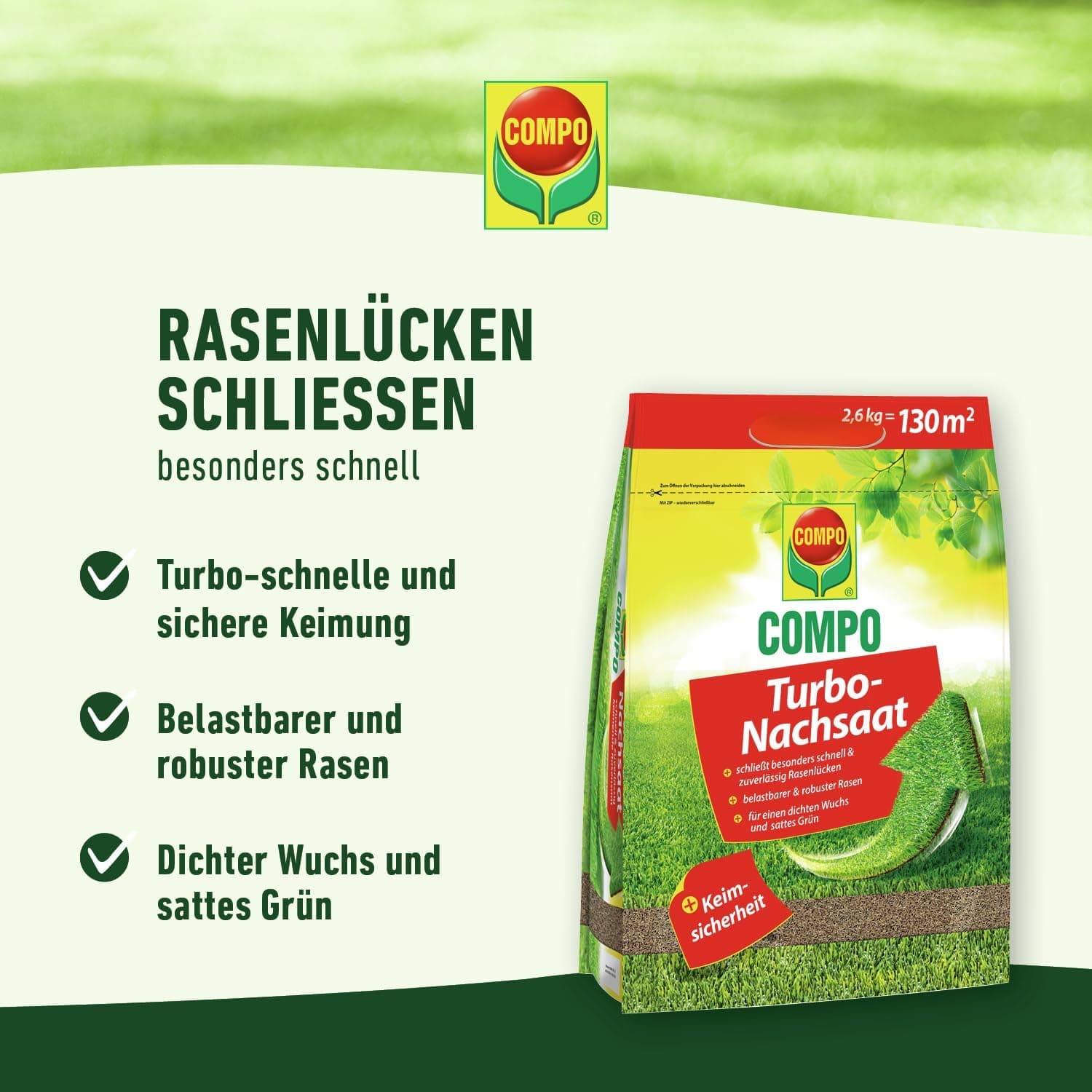COMPO Turbo‑Nachsaat, 2,6 kg für 130 m² – Premium Rasensamen schnellkeimend und mit Keimsicherheit zur schnellen Reparatur von strapazierfähigen Spiel‑ und Gebrauchsrasen, Nachsaat Rasen Frühjahr