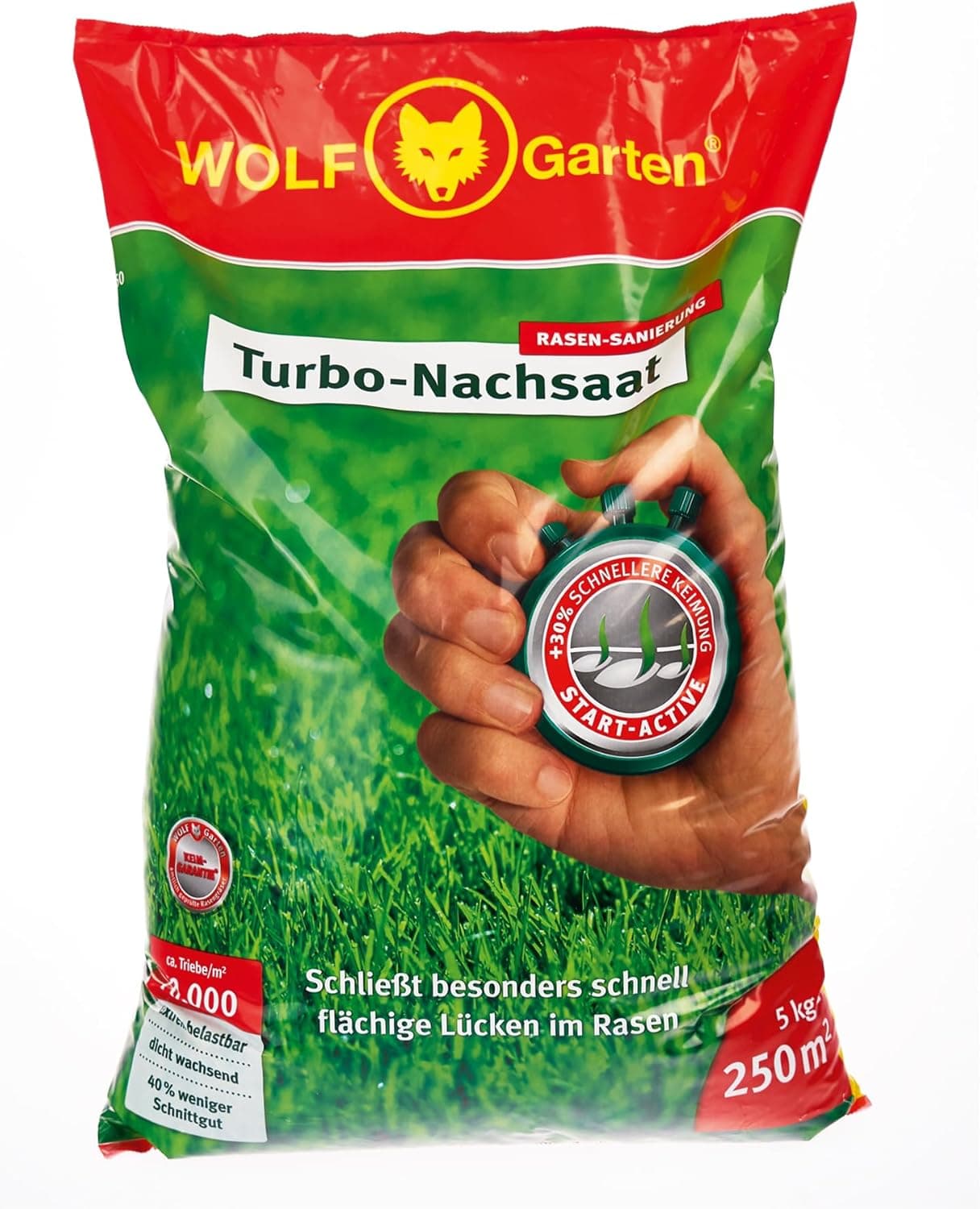 WOLF-Garten Turbo-Nachsaat zur Rasensanierung LR25 (für 25 m², hohe Dichte mit ca. 70.000 Trieben/m², für alle Rasentypen geeignet, mit WOLF-Garten Keimgarantie, 500g in Faltschachtel) 3826020