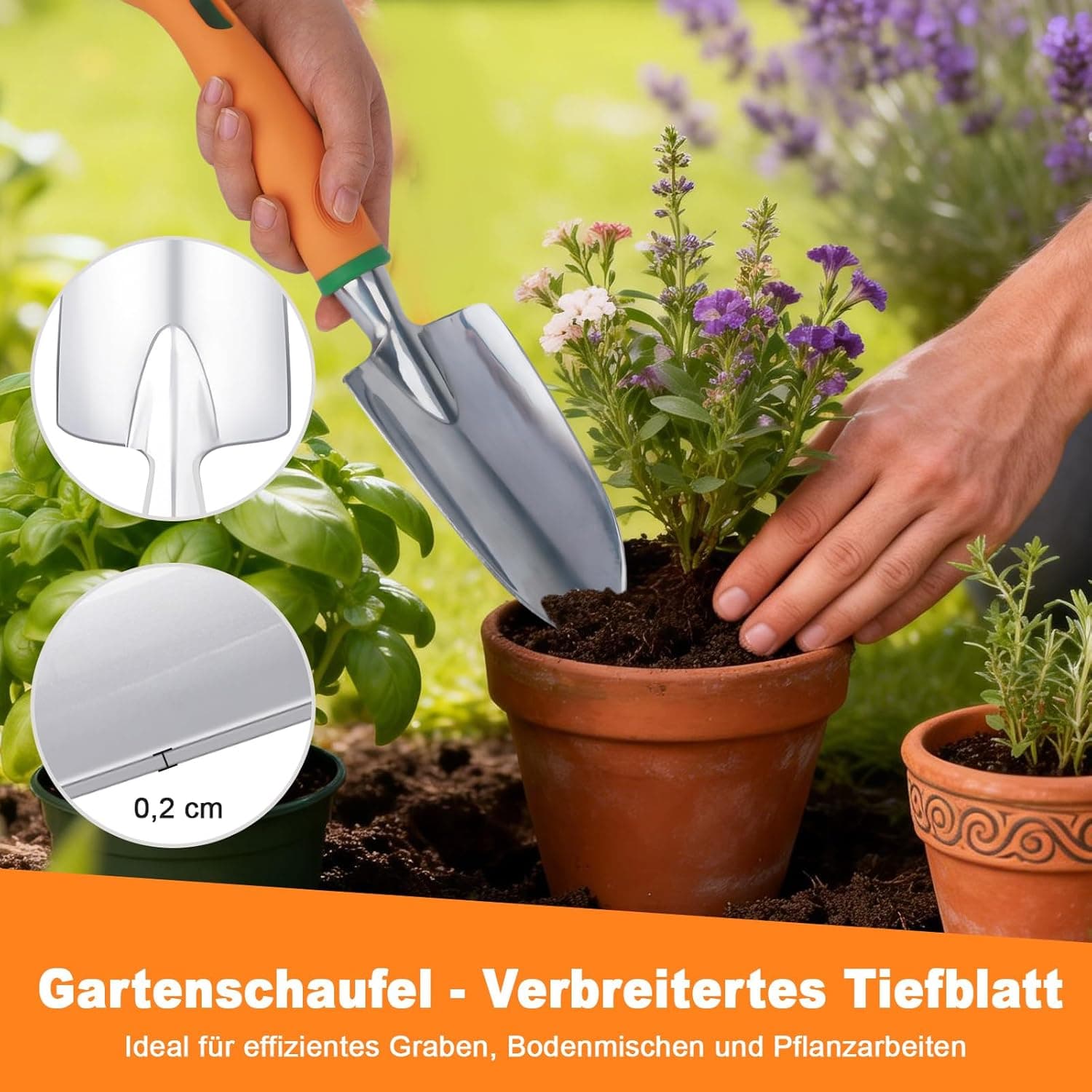 Gartenwerkzeug Set, 3-teiliges Gartengeräte Set – Ergonomische Handschaufel, robuste Handharke und Schaufeln, Gartenzubehör für Pflanzen, Blumen &amp; Gartenarbeit, ideales Gartenwerkzeug für Gärtner