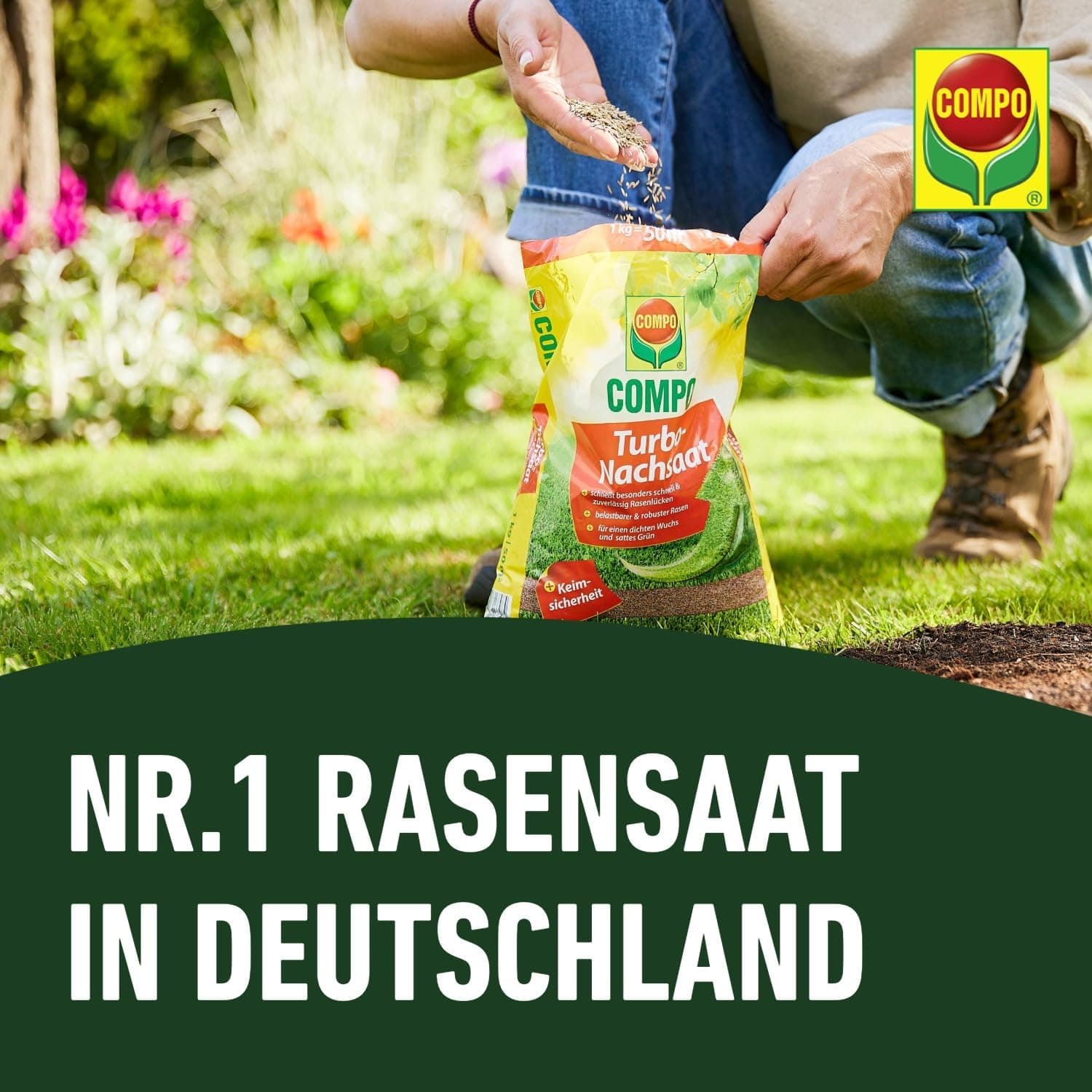 COMPO Turbo Nachsaat, Rasensamen, Schließt besonders schnell und zuverlässig Lücken im Rasen, Mit Keimsicherheit, 1 kg, 50 m²