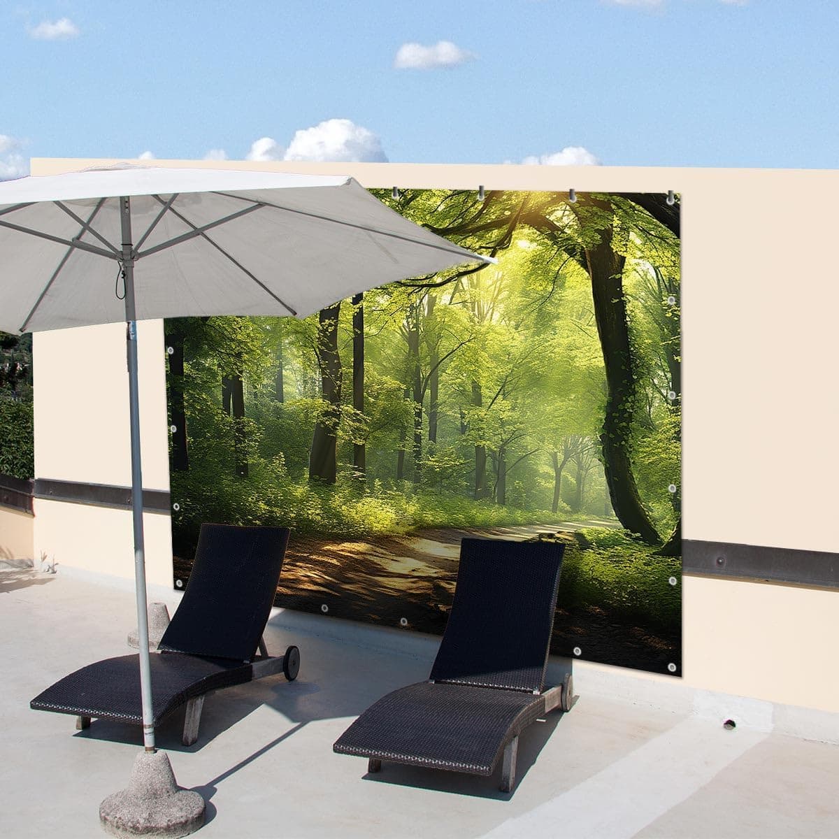 TRIOSK Sichtschutz Garten Deko Zaun Plane Blickdicht groß mit Zaunblende Motiv Waldpfad Wald Sonnenweg für Zaunelement Doppelstabmatten Stabmattenzaun Gartenzaun PVC 250x180 cm