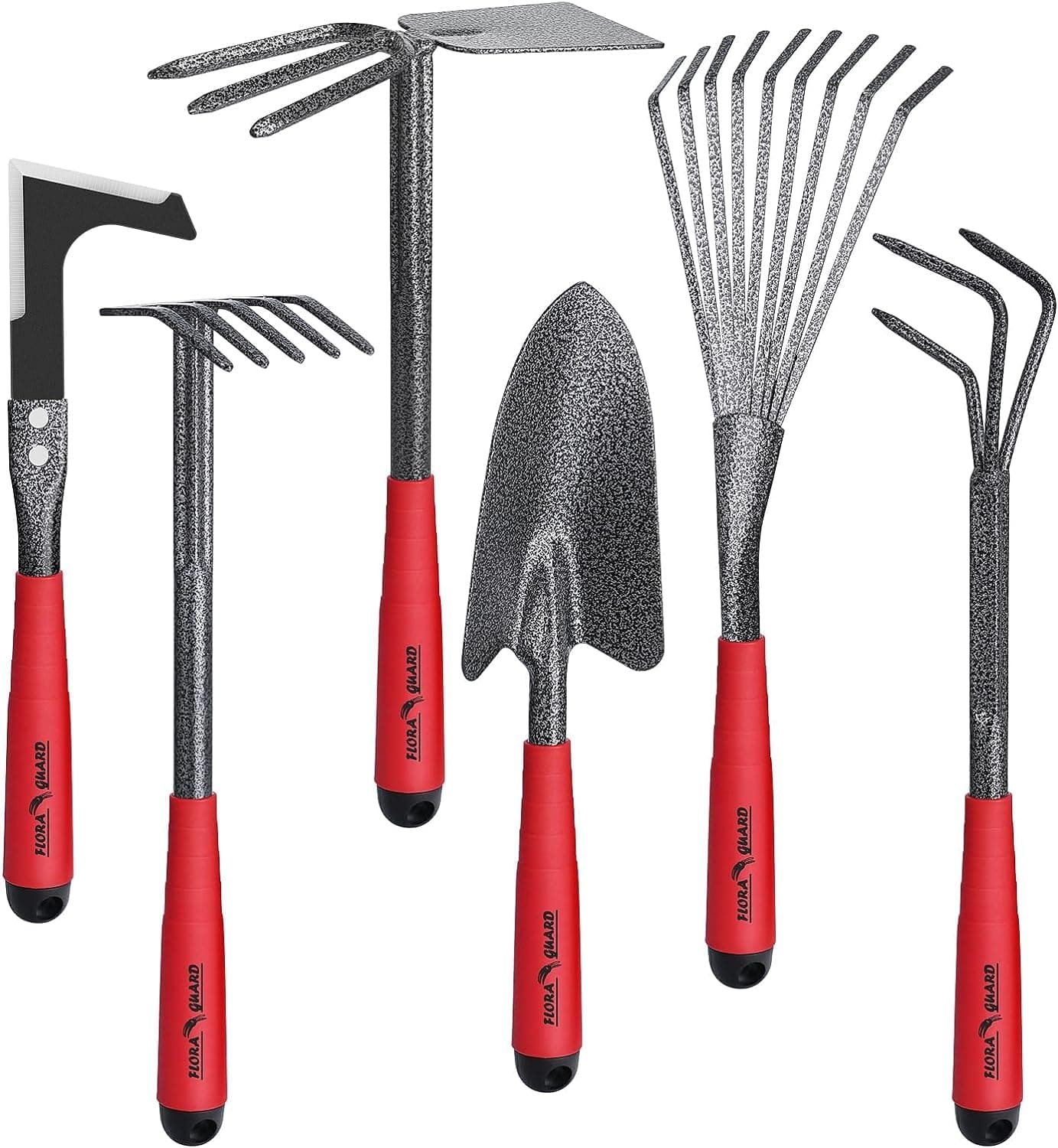 FLORA GUARD 6-teiliges Gartenwerkzeug Set, Gartengeräte Set mit Unkrautstecher, Kelle, Handrechen, Hacke &amp; Kultivator aus Kohlenstoffstahl, Garten Handwerkzeug Set für Pflanzenpflege und Bodenarbeit