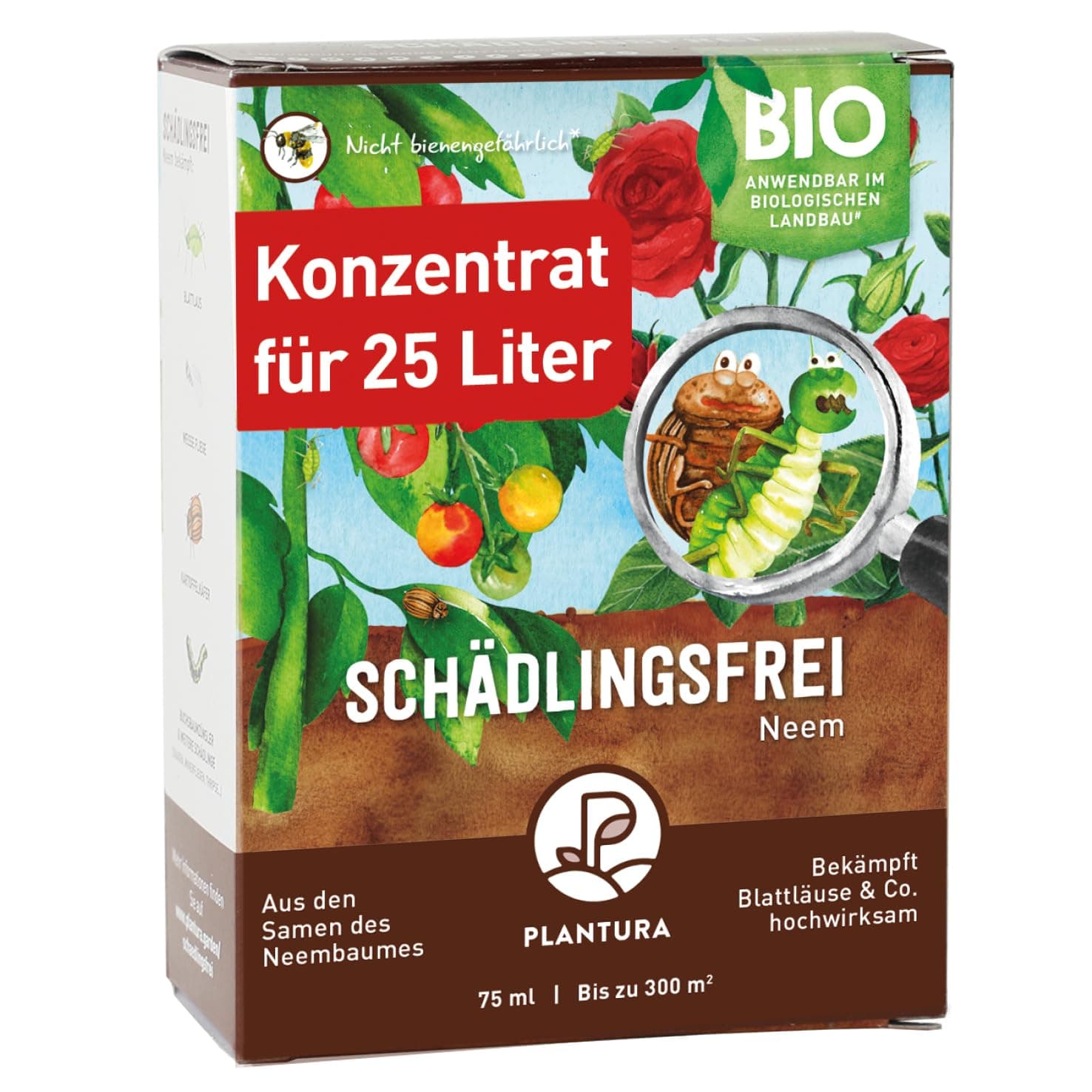 Plantura Bio-Schädlingsfrei Neem, effektive Schädlingsbekämpfung mit Neem, gegen Blattläuse, Thripse &amp; Co. an Gemüse, Kräutern &amp; Zierpflanzen, 75 ml Konzentrat für bis zu 25 L (300 m²)