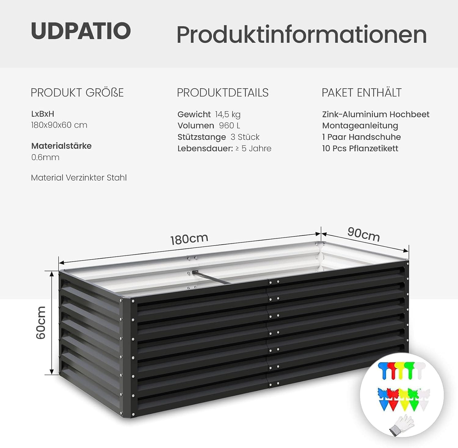 UDPATIO Hochbeet aus Metall,180x60x90 cm, Zink-Aluminium Freistehendes Hochbeete für Garten und Balkon, 970 L Pflanzkasten für Garten, zum Anbau von Gemüse, Blumen und Obst, Grauschwarz