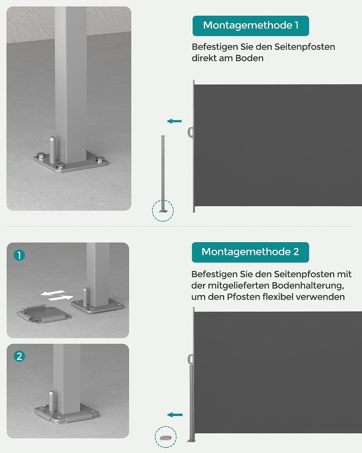 SONGMICS Seitenmarkise mit Stahl-Kasten, rostbeständig, ausziehbar, 180 x 350 cm, Windschutz, Sonnenschutz, blickdicht, Seitenrollo, für Balkon, Terrasse, Garten, anthrazit GSA185G02