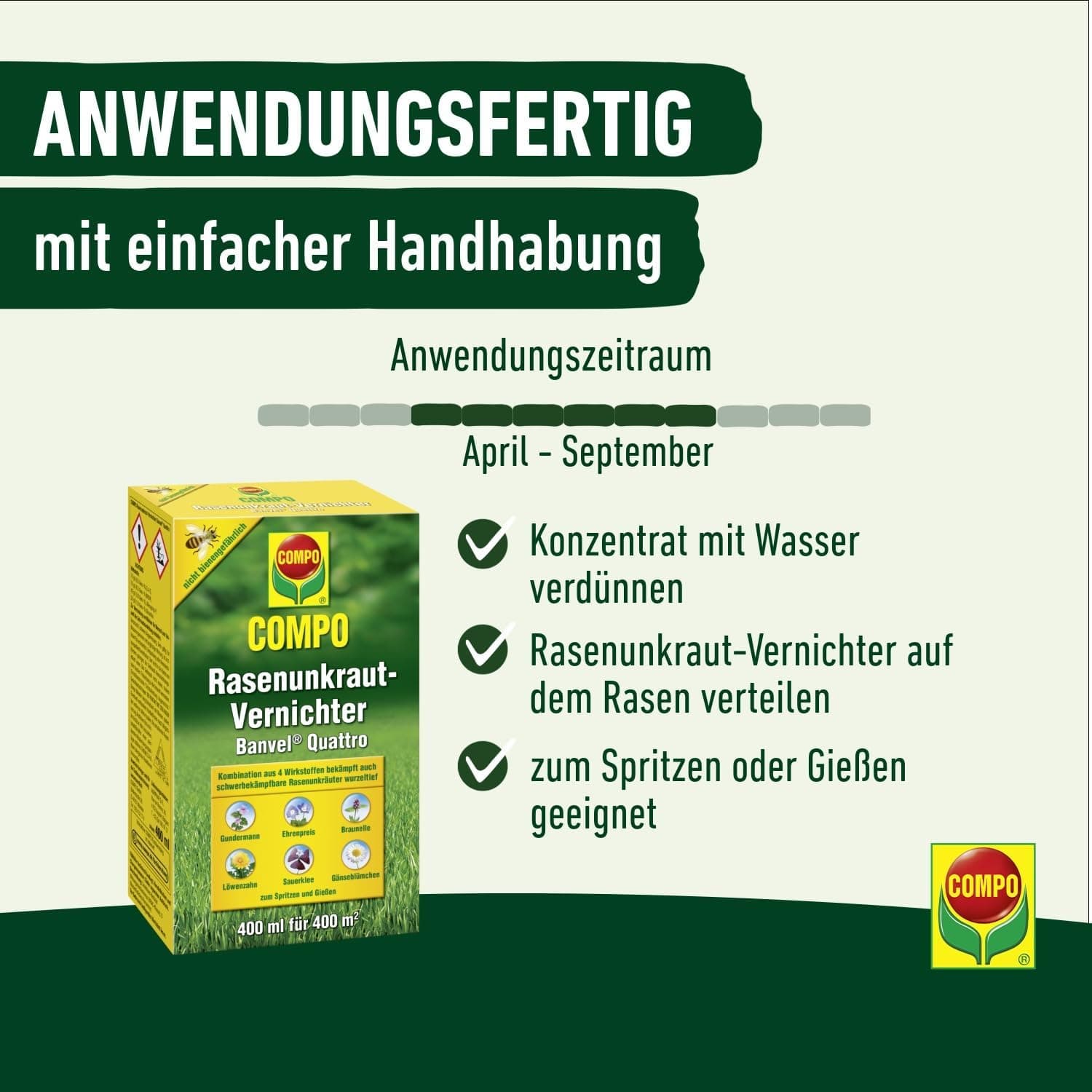 COMPO Rasenunkraut-Vernichter Banvel Quattro, Bekämpfung von schwerbekämpfbaren Unkräutern im Rasen, Konzentrat, 400 ml (400 m²)