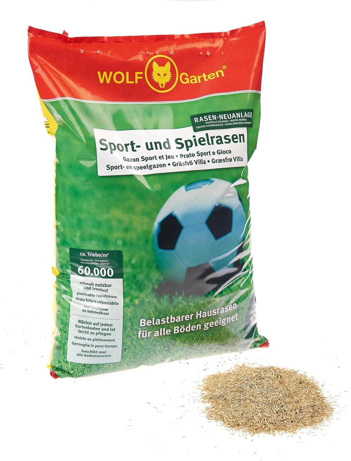 WOLF-Garten Sport- &amp; Spielrasen LG 125 (für 125 m², schnell nutzbar &amp; trittfest, strapazierfähiger Rasen für Sport- &amp; Spielplätze, Hausgarten, für alle Bodenarten geeignet, im 2,5 kg Beutel) 3825020