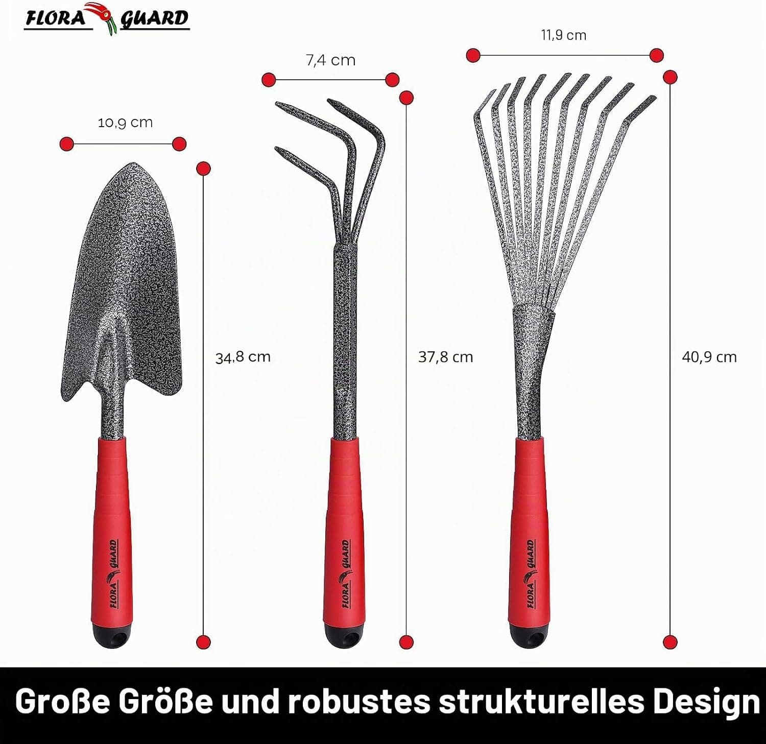 FLORA GUARD 6-teiliges Gartenwerkzeug Set, Gartengeräte Set mit Unkrautstecher, Kelle, Handrechen, Hacke &amp; Kultivator aus Kohlenstoffstahl, Garten Handwerkzeug Set für Pflanzenpflege und Bodenarbeit