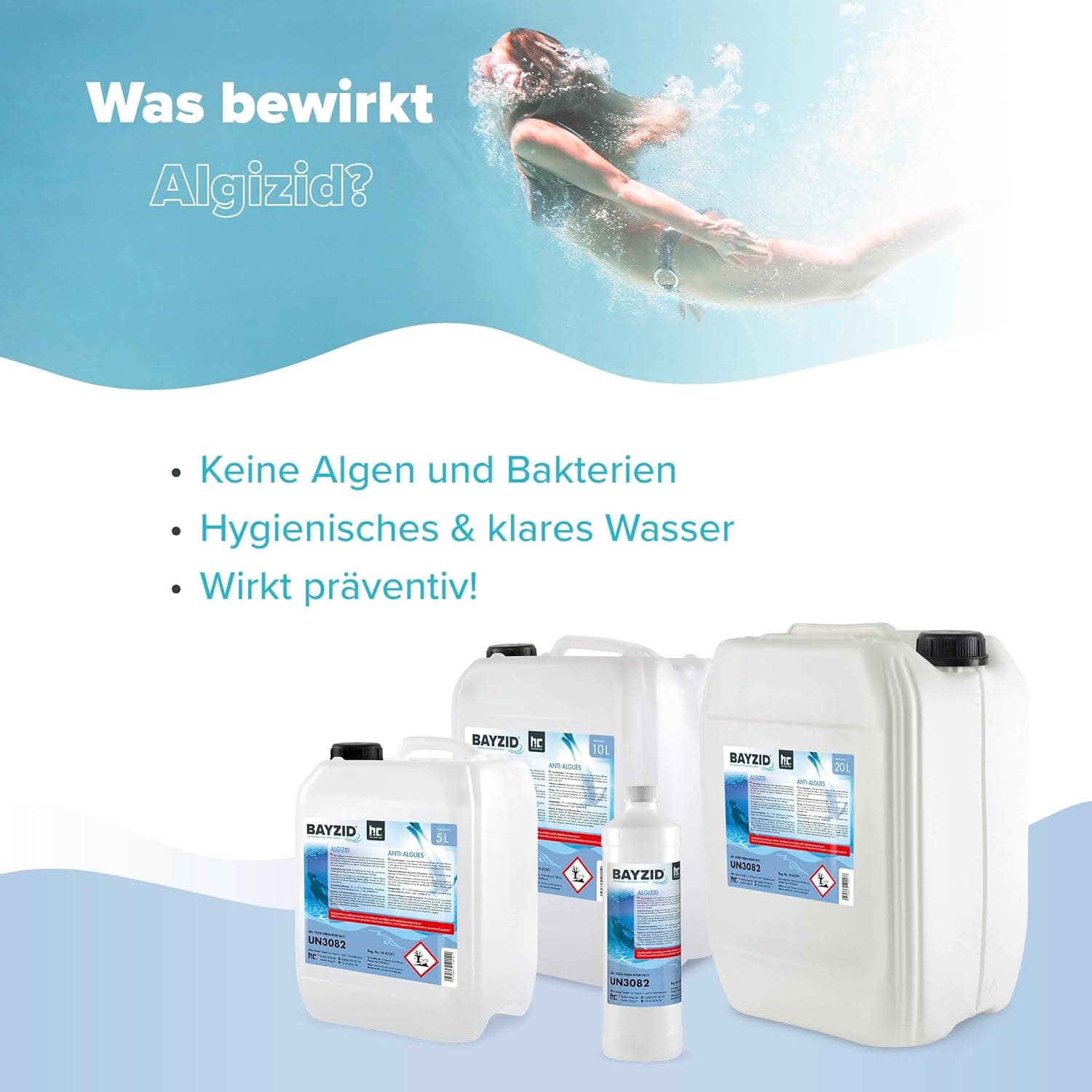 Höfer Chemie Algizid Algenverhütung 5L - Algenvernichter Pool - Präventiver Schutz vor Algen, Bakterien &amp; Pilzen - Für Sauberes Wasser