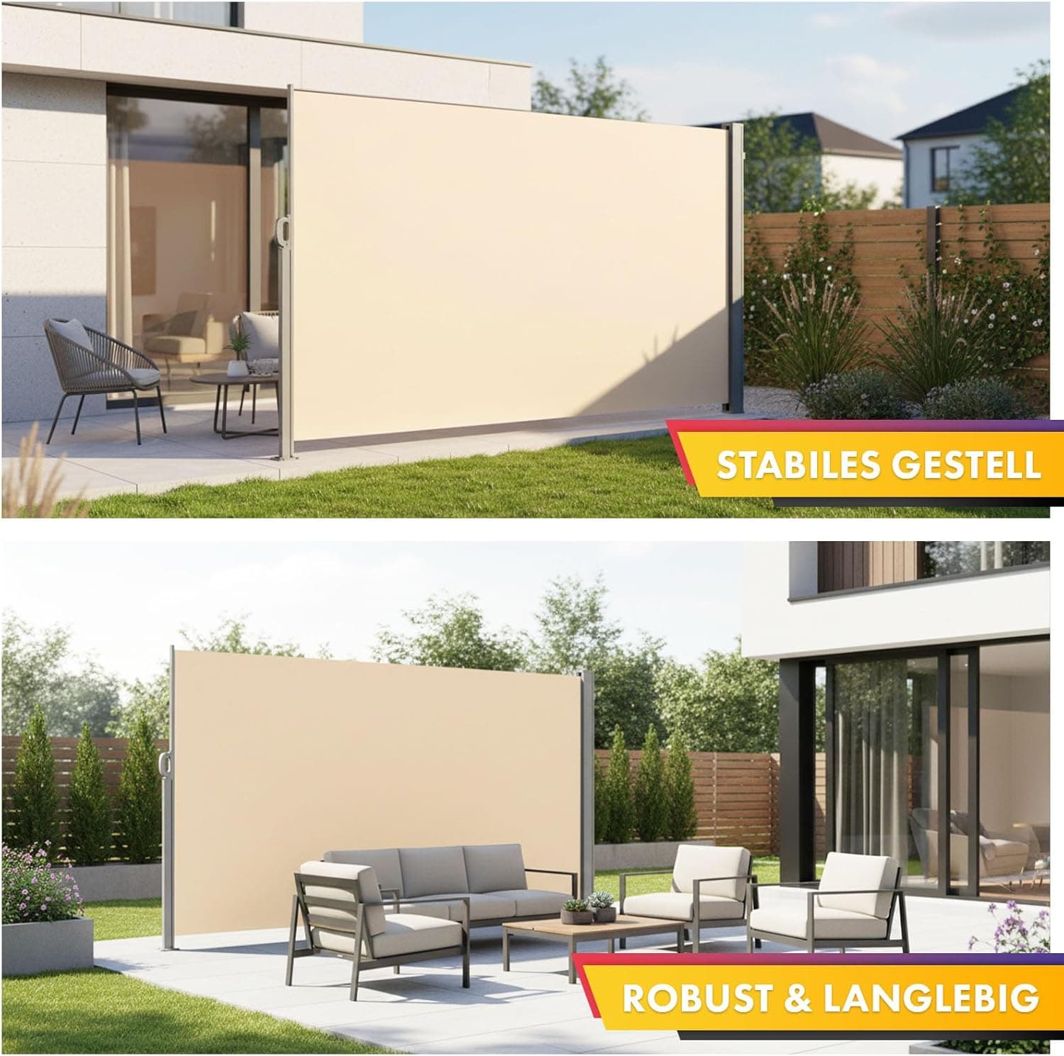KARAT ALU Seitenmarkise - ausziehbare Markise in Beige - 200 x 300 cm - blickdichter Sichtschutz &amp; Windschutz für Garten Balkon &amp; Terrasse, Seitenrollo mit Wandhalterung