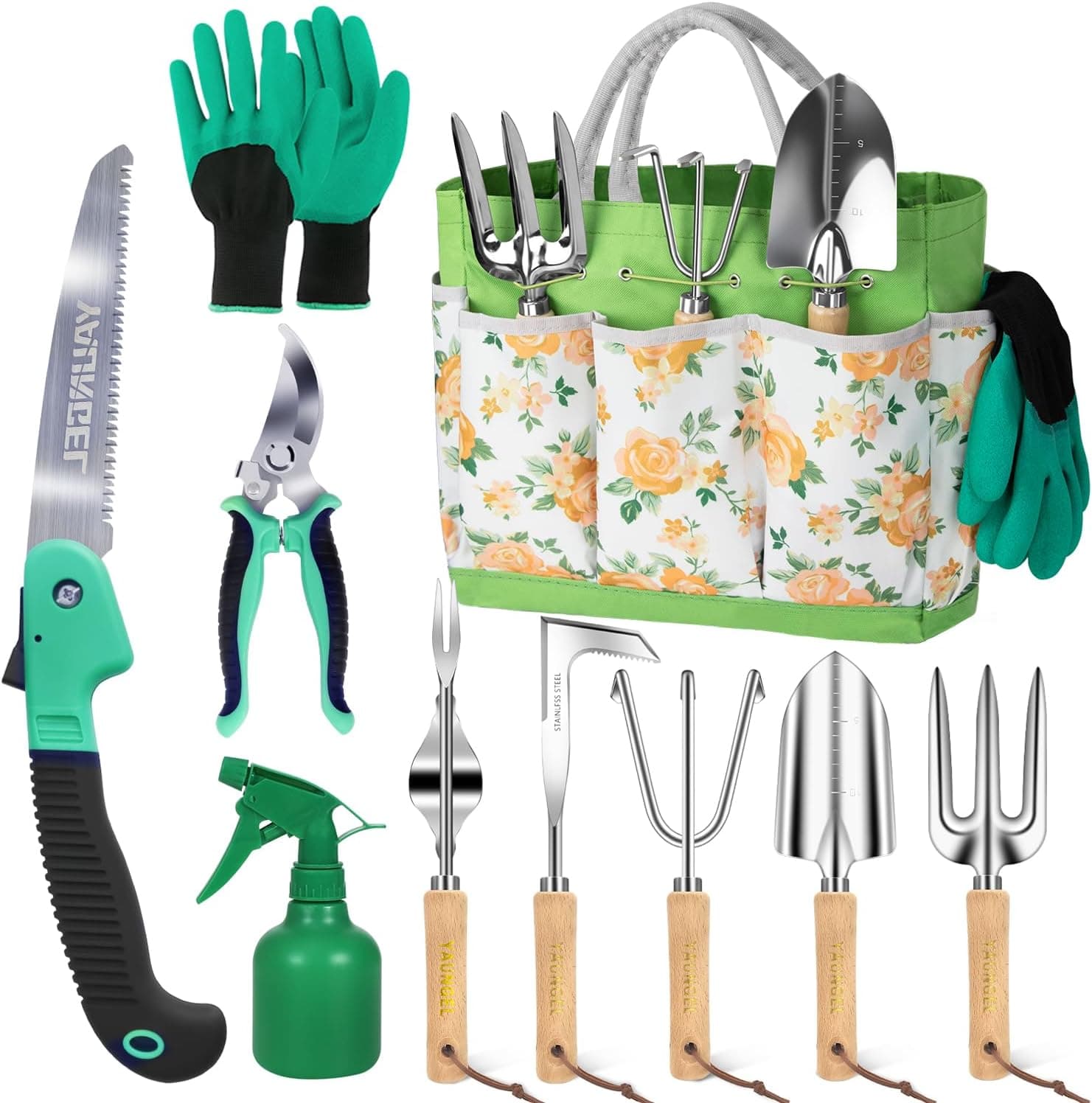 YAUNGEL Gartenwerkzeug Set, 10 Stück Schwerlast Edelstahl Gartenarbeit Kit mit Non-Slip Holzgriff- Garten Geschenke Verpackung für Frauen Männer, Grün