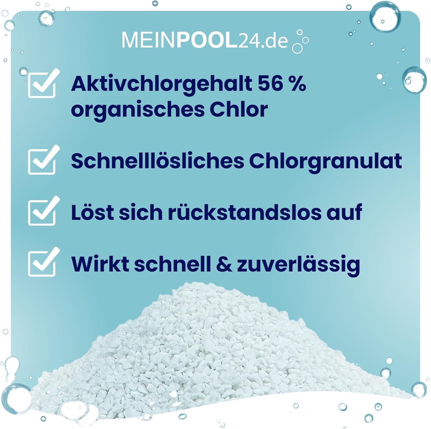 5 kg MEINPOOL24.DE Chlorgranulat schnelllöslich 56% AKTIVCHLOR POOLCHEMIE - Deutsche Markenqualität - Sichere und schnelle Desinfektion - für Pools, Aufstellpools, Whirlpools, Planschbecken