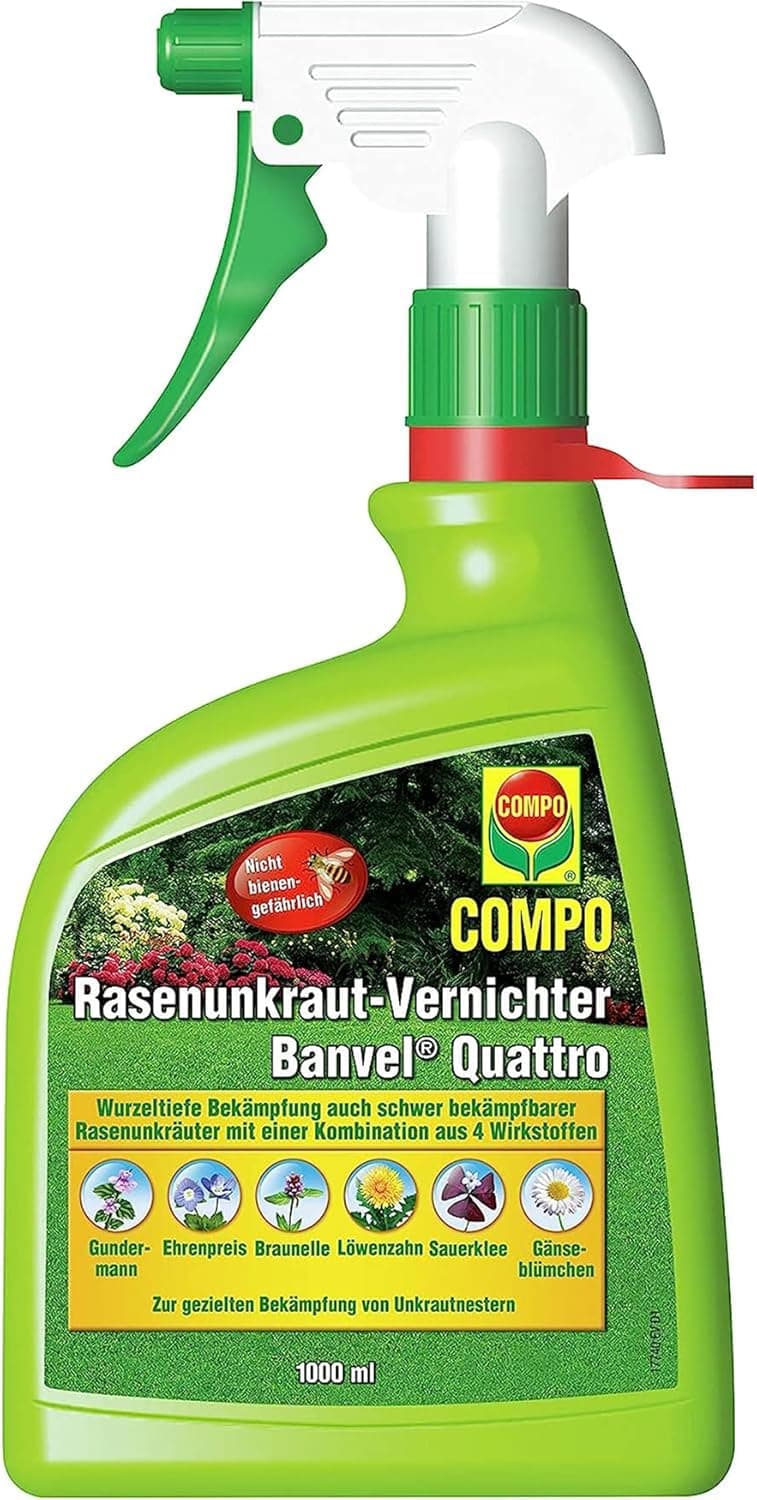 COMPO Rasenunkraut-Vernichter Banvel Quattro, Bekämpfung von schwerbekämpfbaren Unkräutern im Rasen, Konzentrat, 400 ml (400 m²)