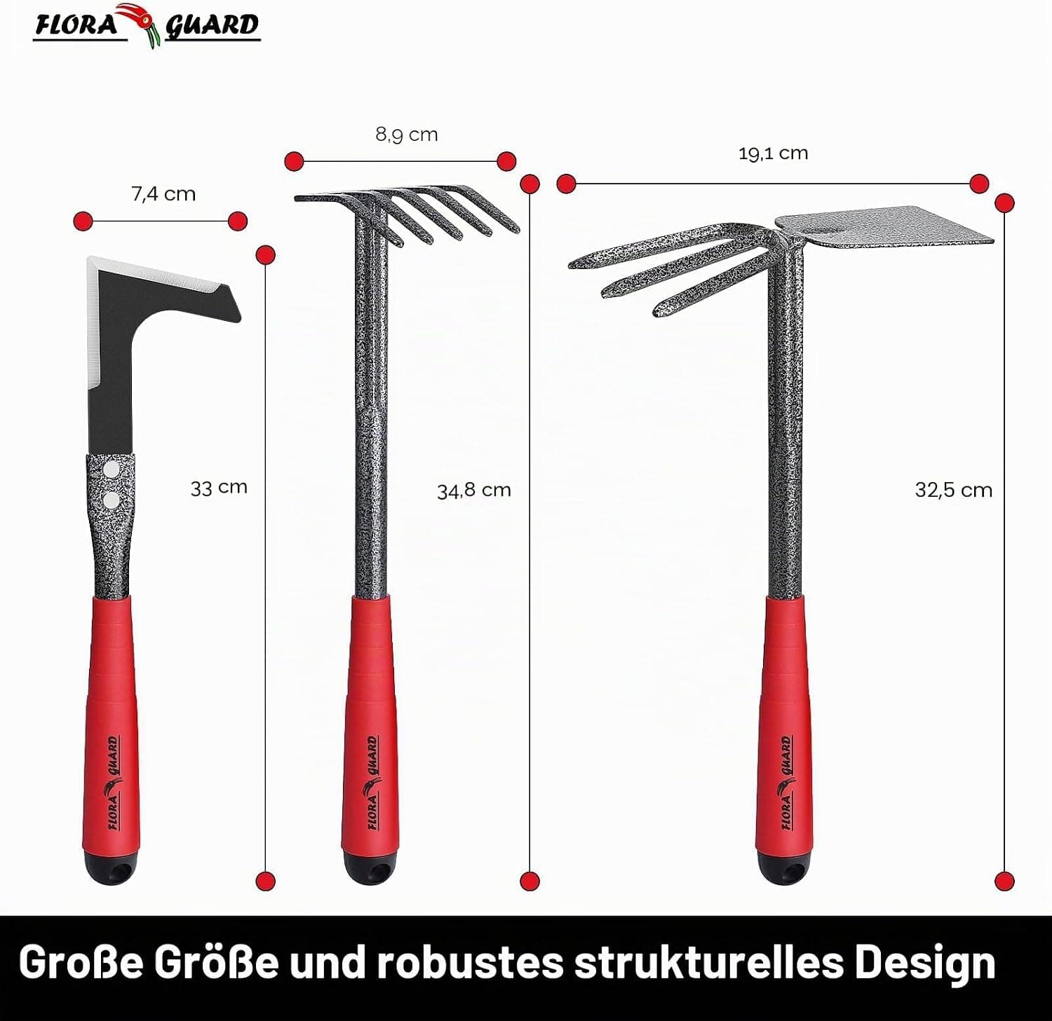 FLORA GUARD 6-teiliges Gartenwerkzeug Set, Gartengeräte Set mit Unkrautstecher, Kelle, Handrechen, Hacke &amp; Kultivator aus Kohlenstoffstahl, Garten Handwerkzeug Set für Pflanzenpflege und Bodenarbeit