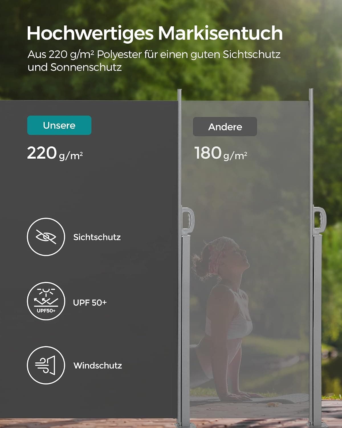 SONGMICS Seitenmarkise mit Stahl-Kasten, rostbeständig, ausziehbar, 180 x 350 cm, Windschutz, Sonnenschutz, blickdicht, Seitenrollo, für Balkon, Terrasse, Garten, anthrazit GSA185G02
