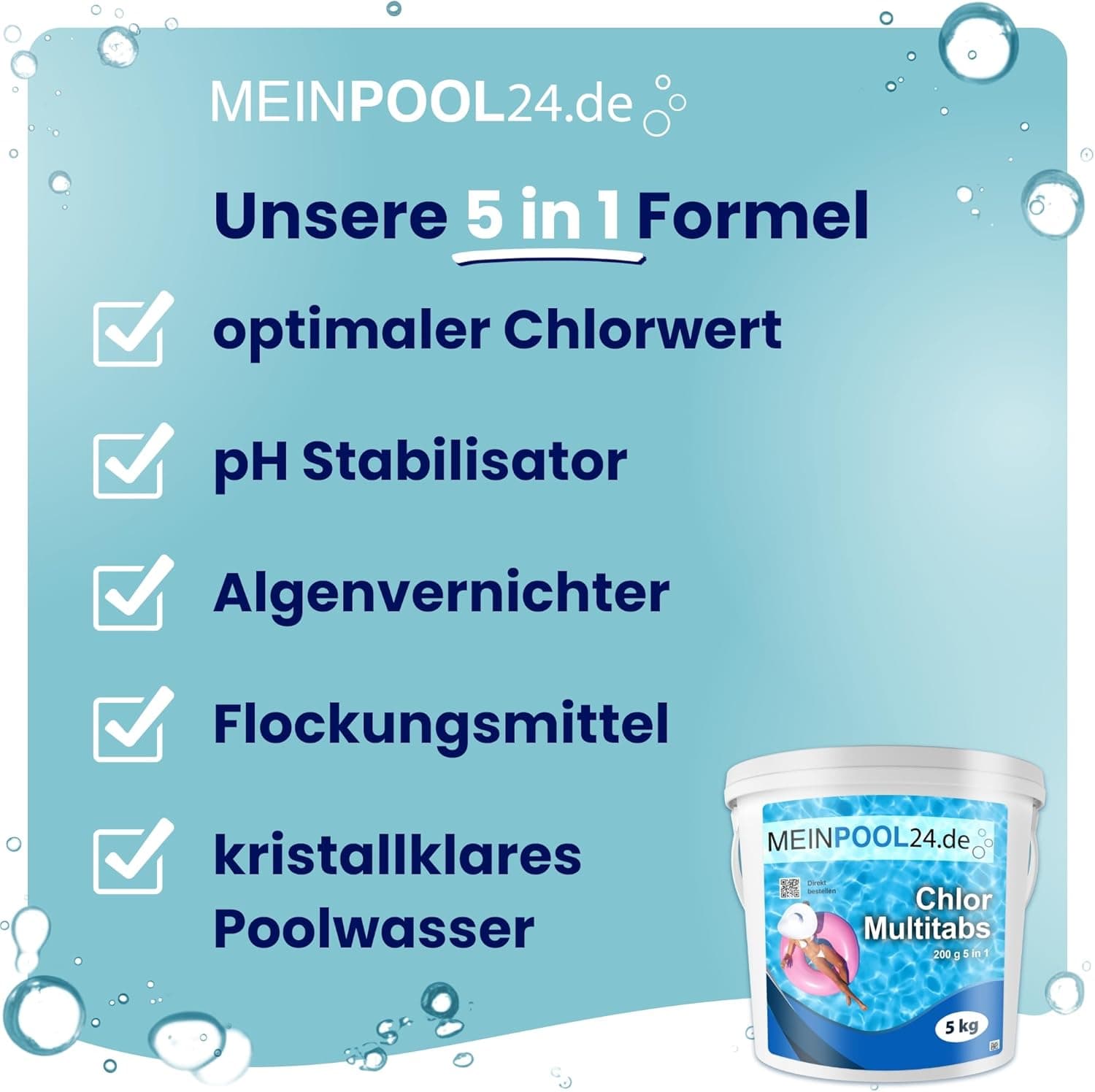 5 kg MEINPOOL24.DE Chlor Multitabs 5 in 1-200 g Tabs Multi Chlortabletten - 5 Phasenwirkung für sichere und saubere Poolpflege - hygienisches Poolwasser - Made in Europe - für kristallklares Wasser
