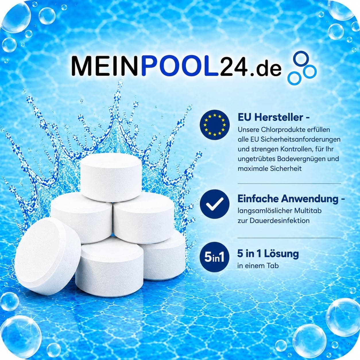 5 kg MEINPOOL24.DE Chlor Multitabs 5 in 1-200 g Tabs Multi Chlortabletten - 5 Phasenwirkung für sichere und saubere Poolpflege - hygienisches Poolwasser - Made in Europe - für kristallklares Wasser
