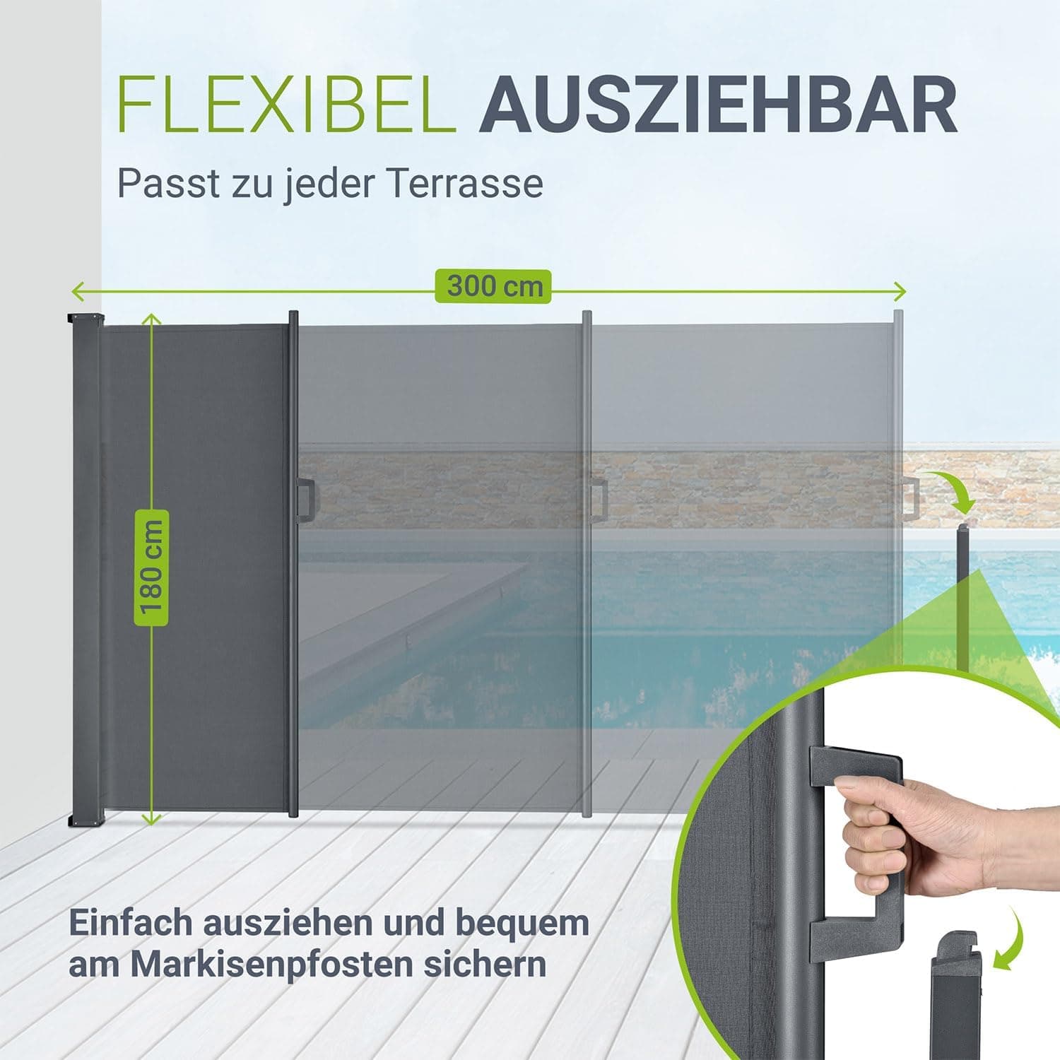 Juskys® Seitenmarkise Dubai 180 x 300 cm ausziehbar Blickdicht, Sichtschutz für Balkon &amp; Terrasse, Seitenrollo mit Wandhalterung - grau