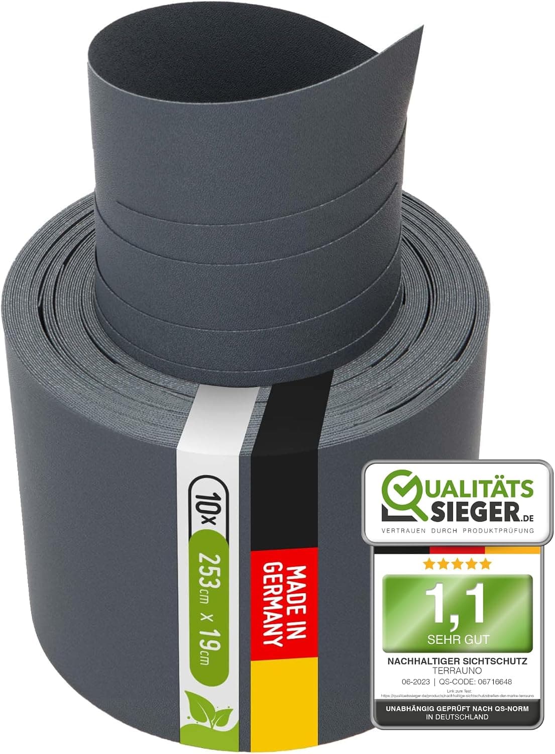 TerraUno Nachhaltige Sichtschutzstreifen für Doppelstabmatten, Polypropylen, Made in Germany, RAL 7016 Anthrazit, 26m x19cm Rolle, extra stabil, Lederoptik, Zaun Sichtschutz mit UV-Beständigkeit