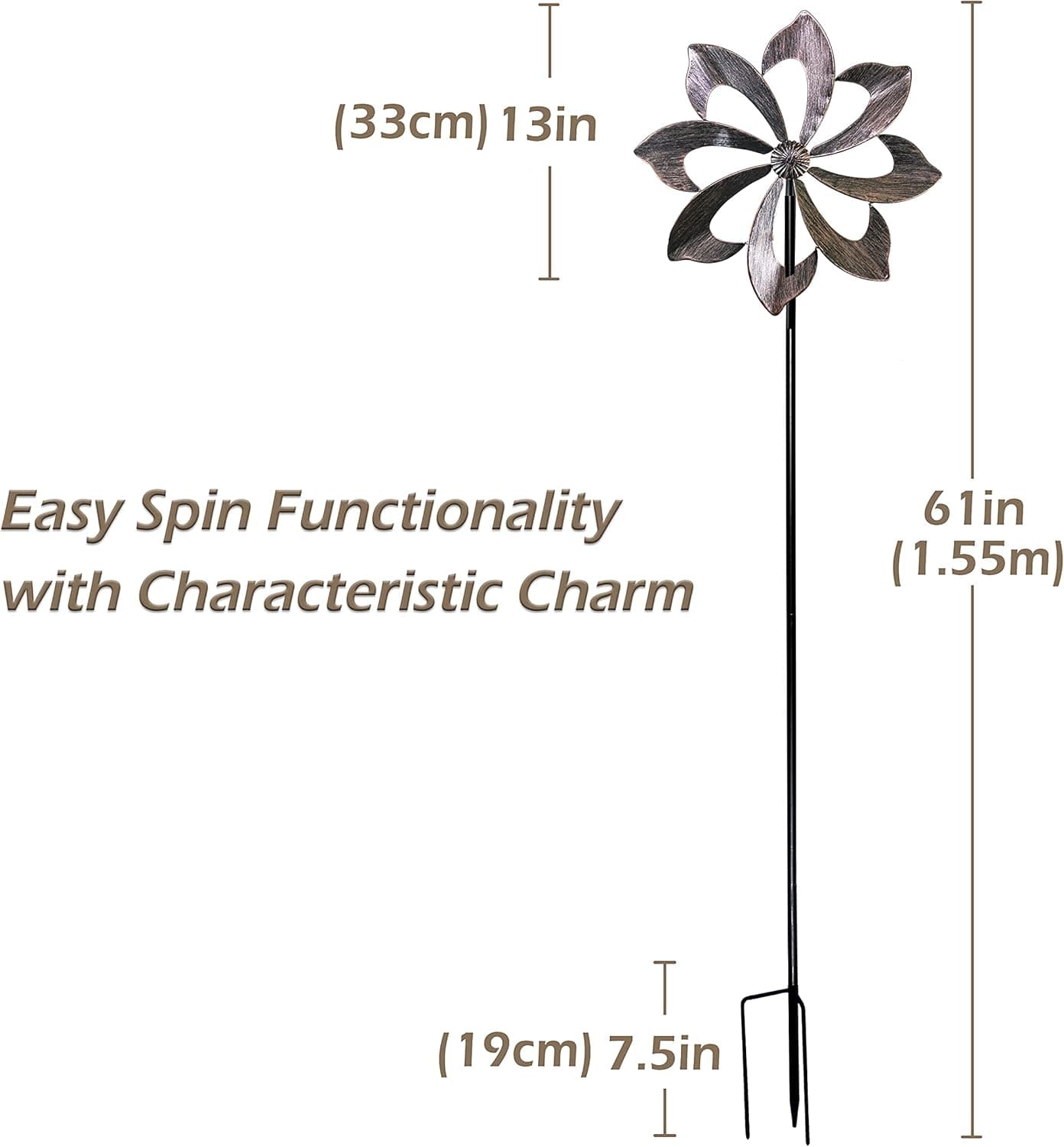 Windrad für draußen - Windspiel aus Metall - Einzelblatt Windrad, Gartendeko für draußen, leicht drehend- ideal für Terrasse und Garten, wetterfestes Gartendeko, standfest - Dahlie 155 cm Kupfer