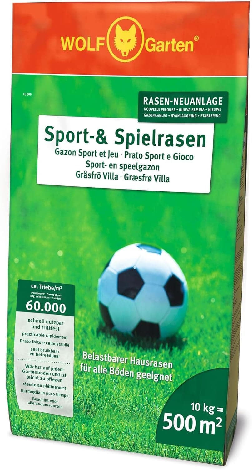 WOLF-Garten Sport- &amp; Spielrasen LG 125 (für 125 m², schnell nutzbar &amp; trittfest, strapazierfähiger Rasen für Sport- &amp; Spielplätze, Hausgarten, für alle Bodenarten geeignet, im 2,5 kg Beutel) 3825020