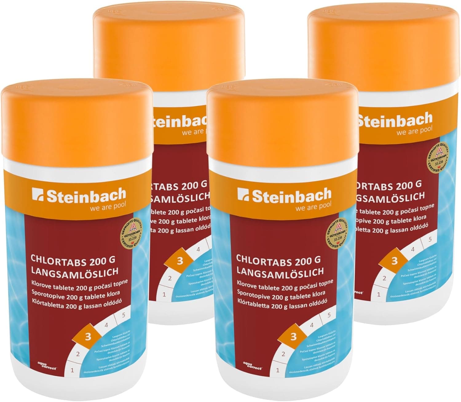 Steinbach Poolpflege Quattrotabs 200 g langsamlöslich - 0752605TV00-5 kg - 4-in-1 Chlortabletten mit Flockungsmittel - pH-Stabilisator &amp; Algenverhütung - Multifunktionstabletten