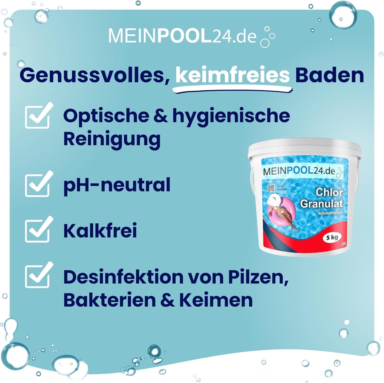 5 kg MEINPOOL24.DE Chlorgranulat schnelllöslich 56% AKTIVCHLOR POOLCHEMIE - Deutsche Markenqualität - Sichere und schnelle Desinfektion - für Pools, Aufstellpools, Whirlpools, Planschbecken