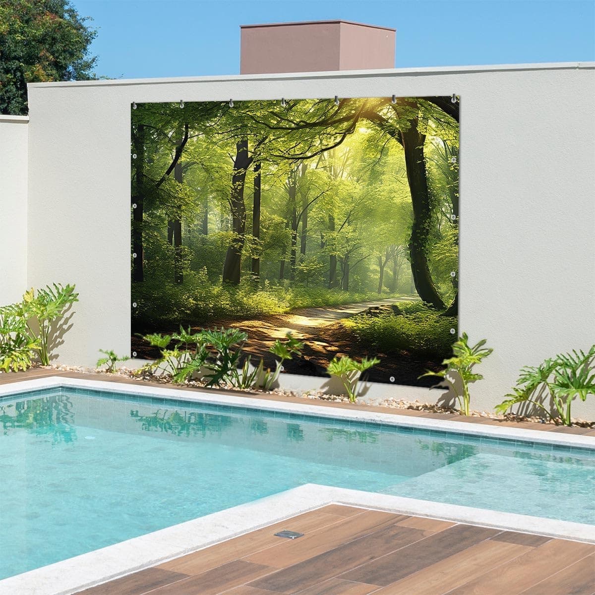 TRIOSK Sichtschutz Garten Deko Zaun Plane Blickdicht groß mit Zaunblende Motiv Waldpfad Wald Sonnenweg für Zaunelement Doppelstabmatten Stabmattenzaun Gartenzaun PVC 250x180 cm