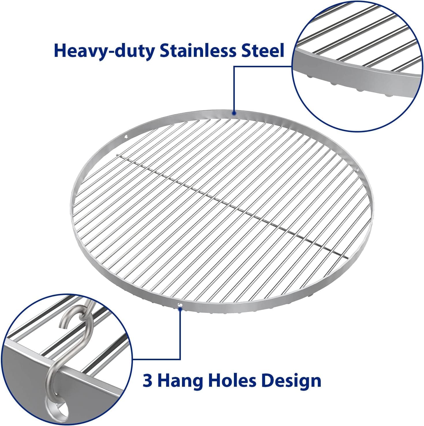 Premium Edelstahl Grillrost Rund Ø 80cm für Schwenkgrill, Grillgitter mit 3 Aufhängungsbohrungen Grillplatte für Holzkohlegrill BBQ Gasgrill Feuerplatte Zubehör, Camping Grillrost