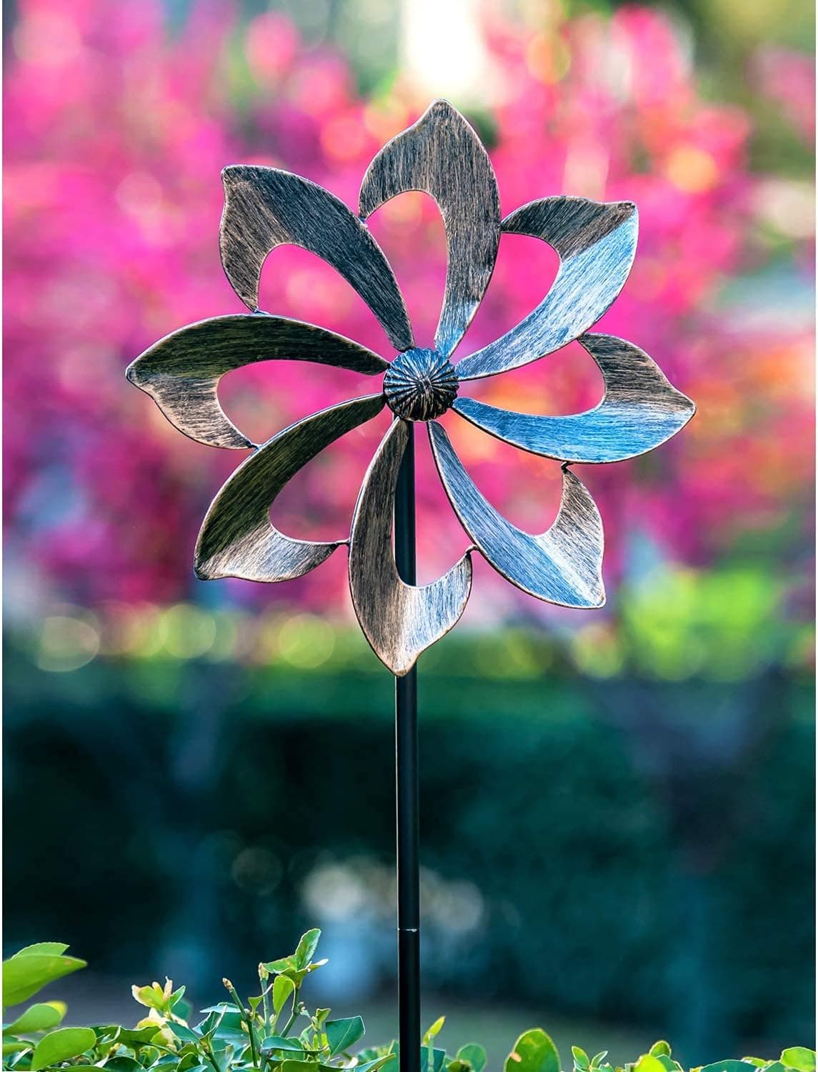 Windrad für draußen - Windspiel aus Metall - Einzelblatt Windrad, Gartendeko für draußen, leicht drehend- ideal für Terrasse und Garten, wetterfestes Gartendeko, standfest - Dahlie 155 cm Kupfer