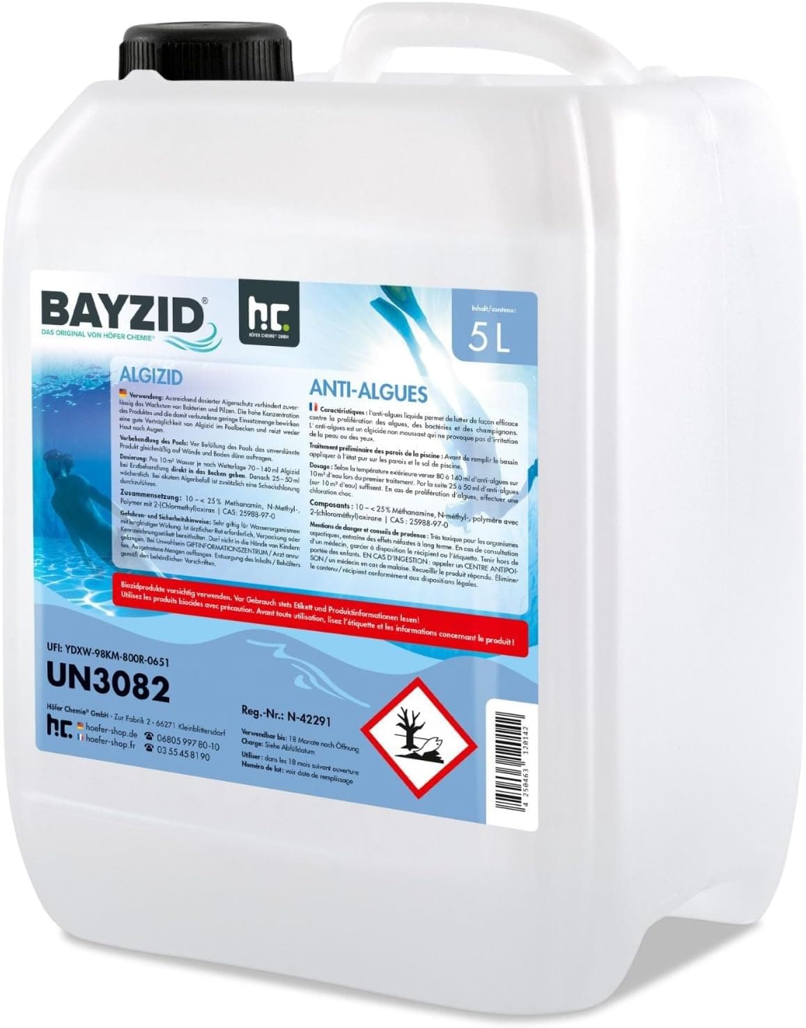 Höfer Chemie Algizid Algenverhütung 5L - Algenvernichter Pool - Präventiver Schutz vor Algen, Bakterien &amp; Pilzen - Für Sauberes Wasser