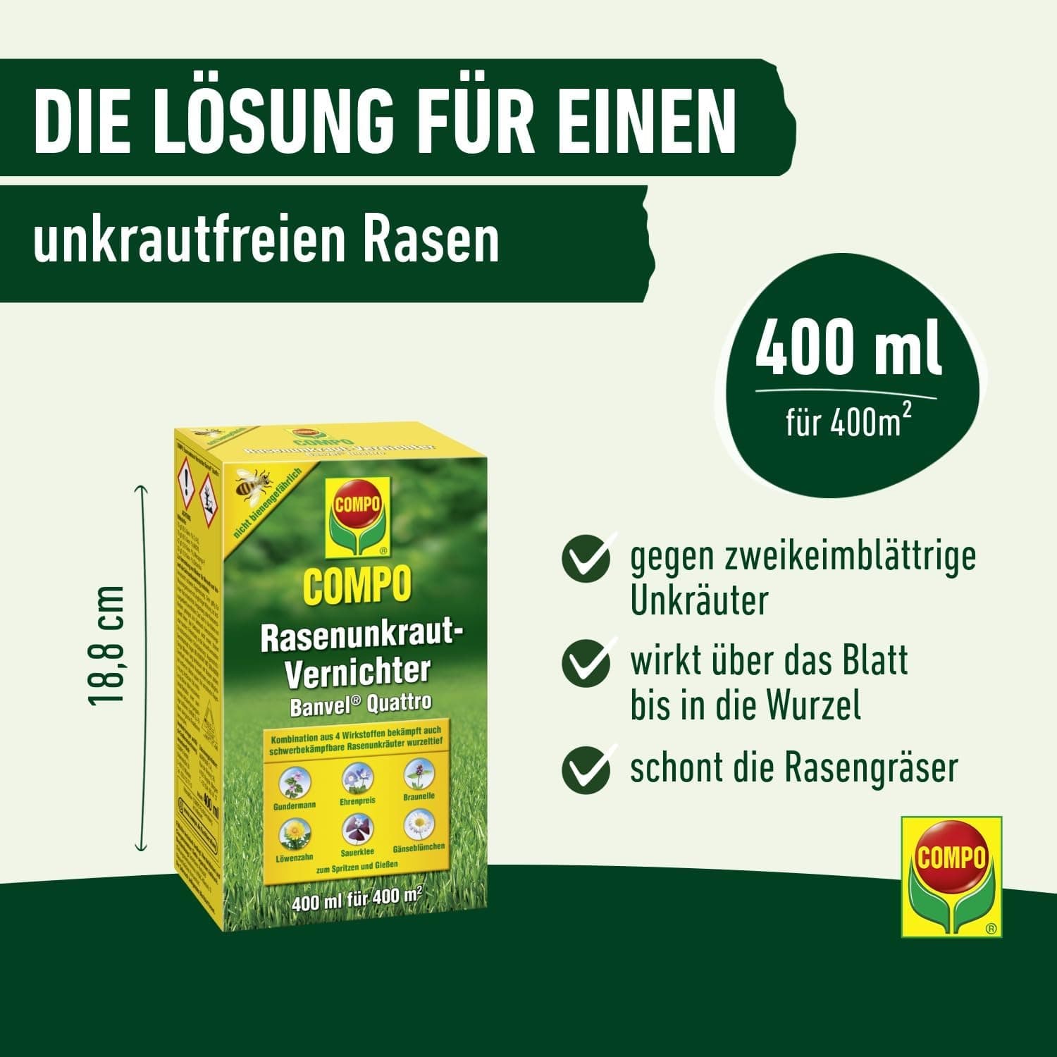 COMPO Rasenunkraut-Vernichter Banvel Quattro, Bekämpfung von schwerbekämpfbaren Unkräutern im Rasen, Konzentrat, 400 ml (400 m²)