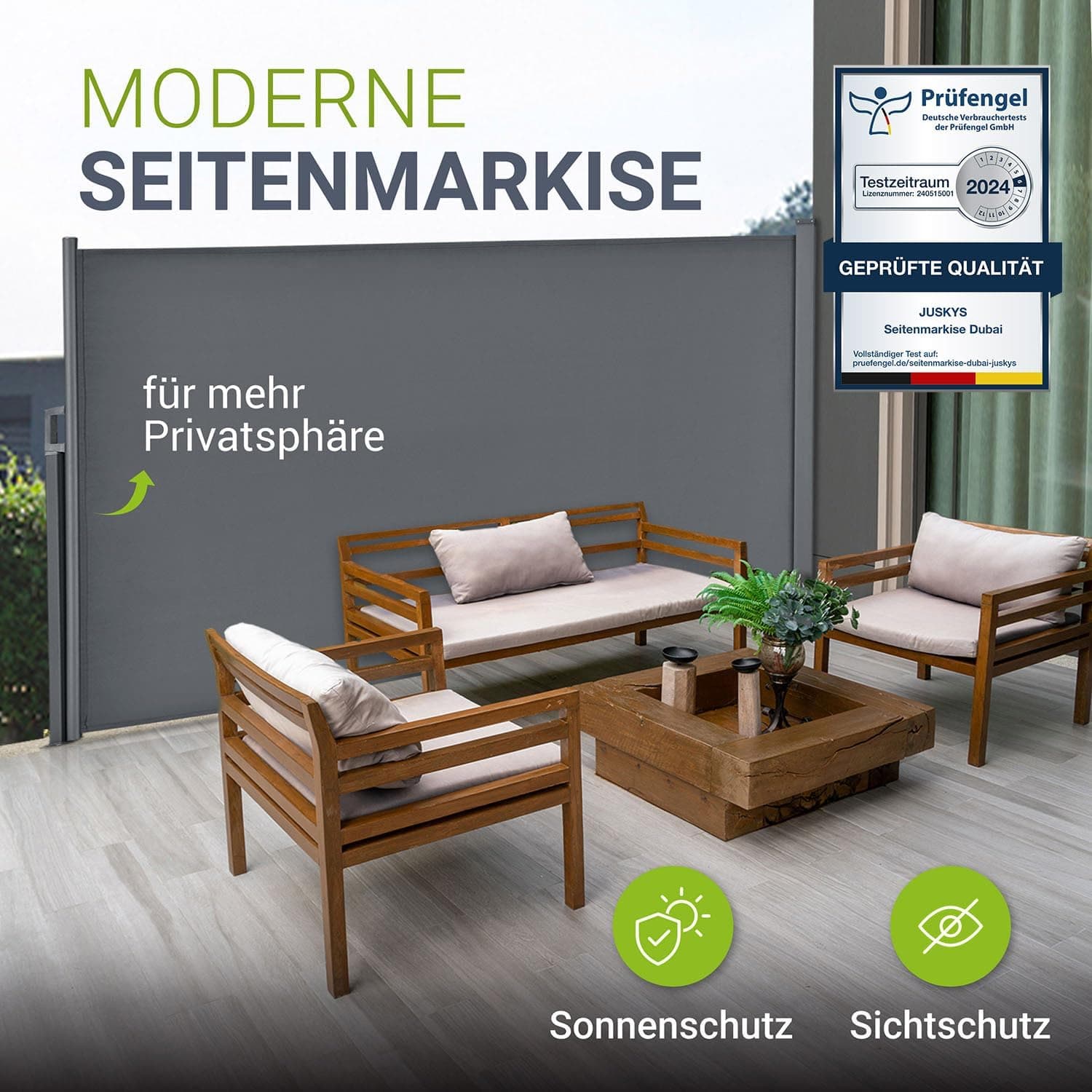 Juskys® Seitenmarkise Dubai 180 x 300 cm ausziehbar Blickdicht, Sichtschutz für Balkon &amp; Terrasse, Seitenrollo mit Wandhalterung - grau
