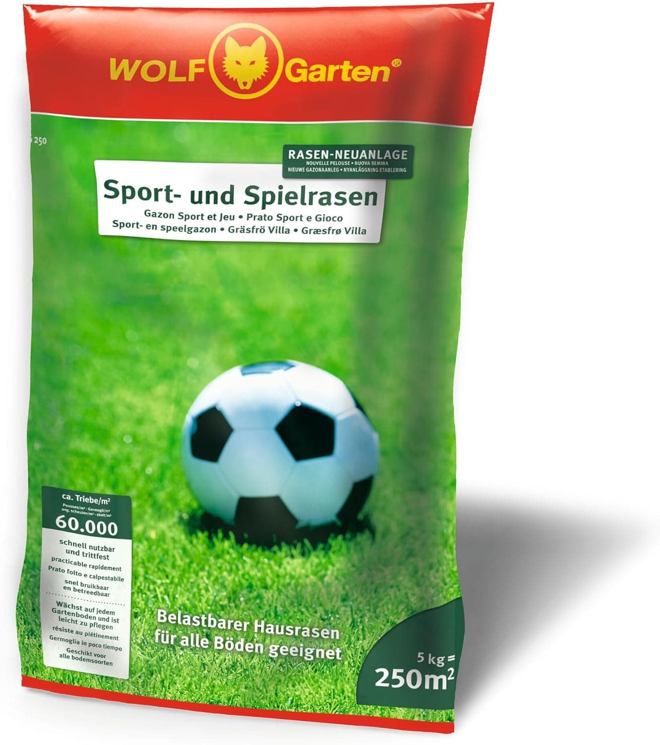 WOLF-Garten Sport- &amp; Spielrasen LG 125 (für 125 m², schnell nutzbar &amp; trittfest, strapazierfähiger Rasen für Sport- &amp; Spielplätze, Hausgarten, für alle Bodenarten geeignet, im 2,5 kg Beutel) 3825020
