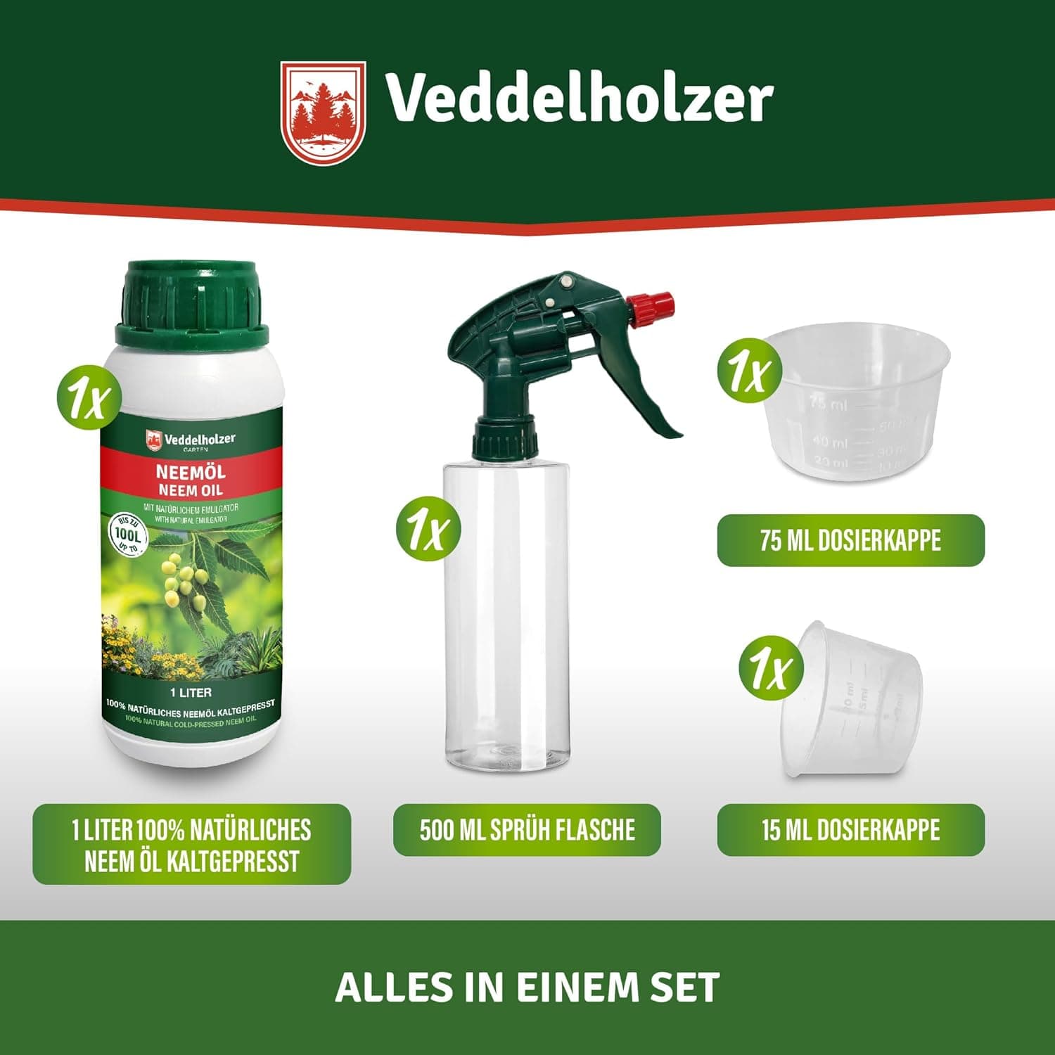 Veddelholzer 1000 ml Premium kaltgepresstes 100% natürliches Neemöl Komplett Set mit natürlichem Emulgator + Sprühflasche 500 ml &amp; 2 Messbecher natürliche Pflanzenpflege für drinnen &amp; draußen